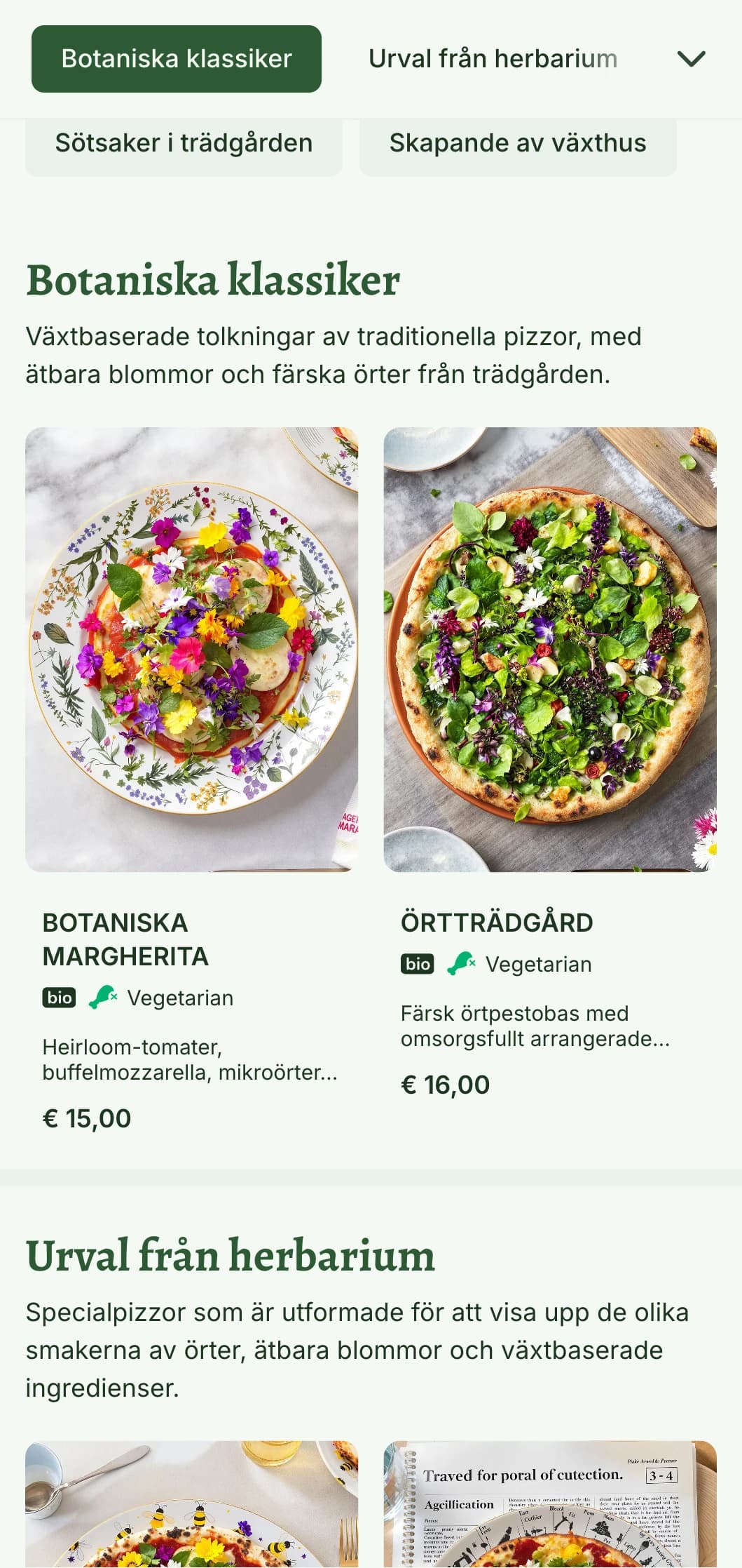 Växtbaserad pizzameny med botaniska illustrationer och naturliga designelement.