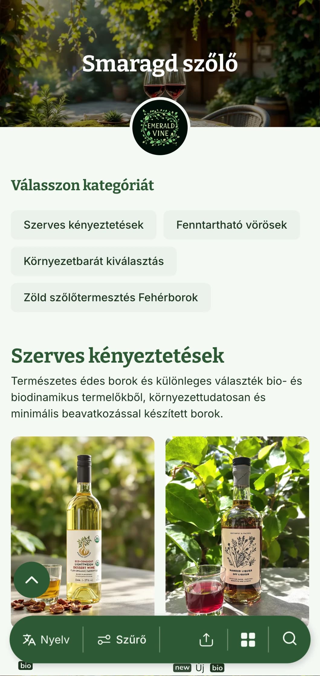 Gyönyörű zöld témájú borlap sablon botanikai elemekkel és természetes textúrákkal, tökéletes a bio borválaszték és a kerti éttermek számára.