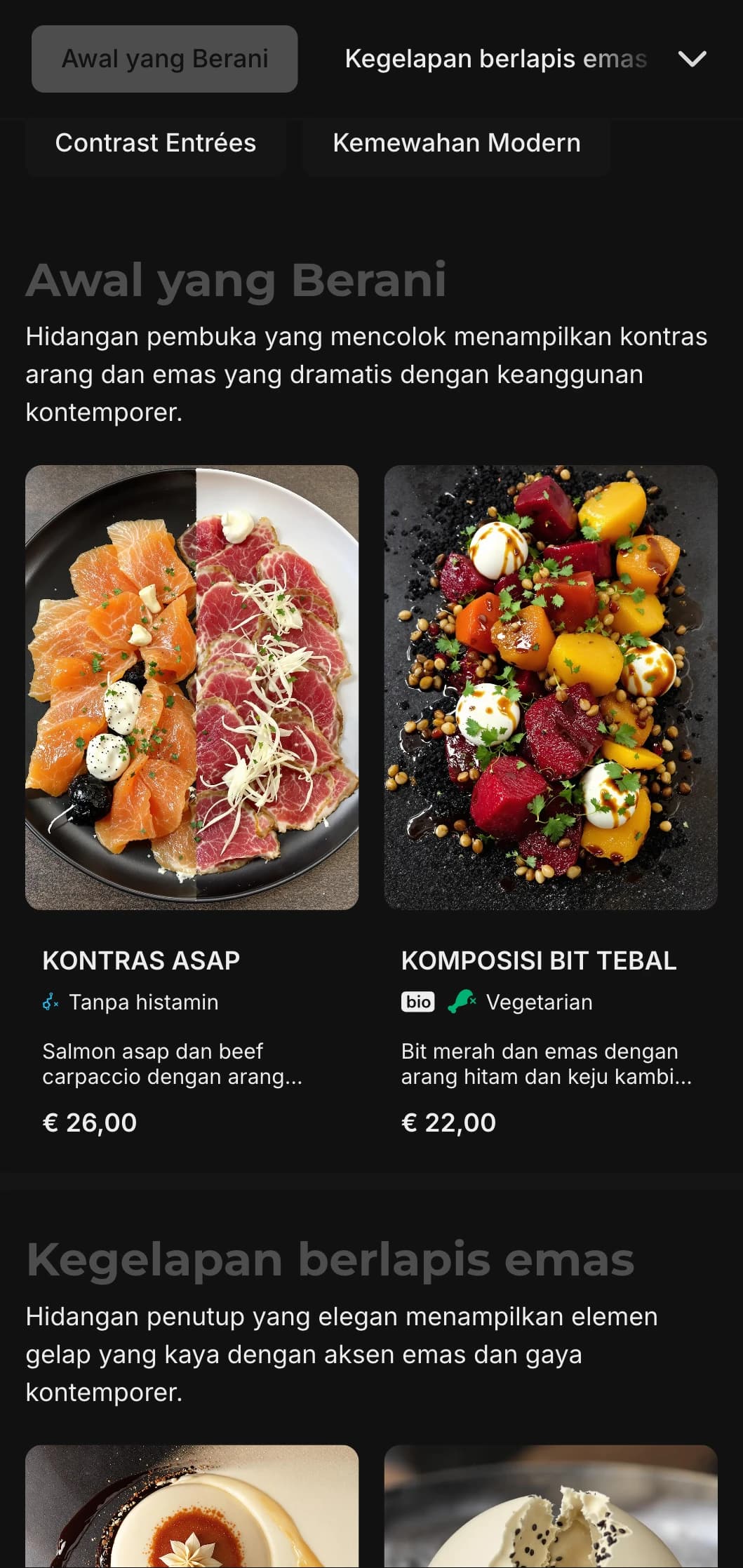 Konsep kontemporer yang berani memadukan warna arang yang pekat dengan aksen emas yang mewah.