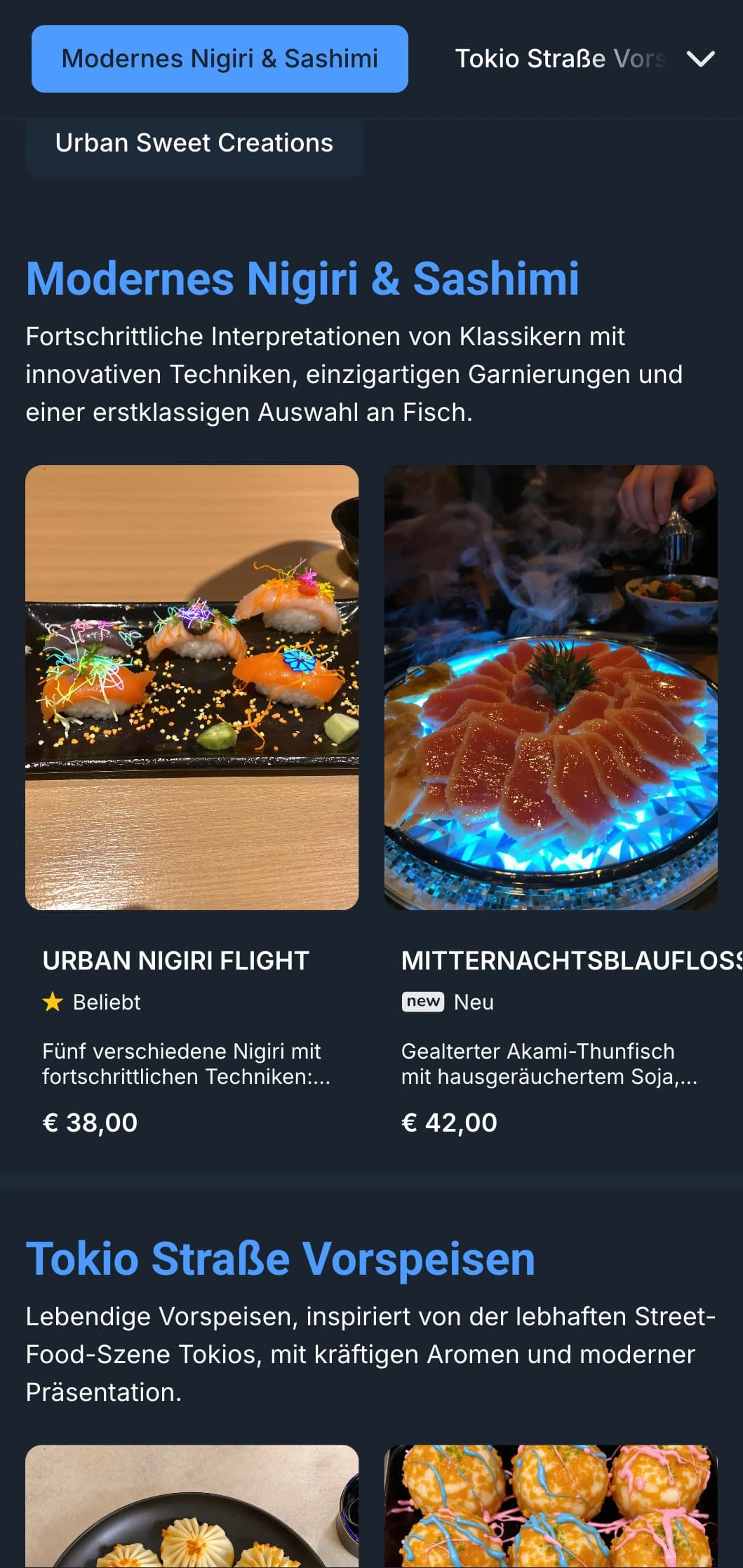 Kühnes, modernes Sushi-Menü mit dramatischer, von der Nacht inspirierter Ästhetik, mit leuchtend blauen Akzenten vor tiefem anthrazitfarbenem Hintergrund.