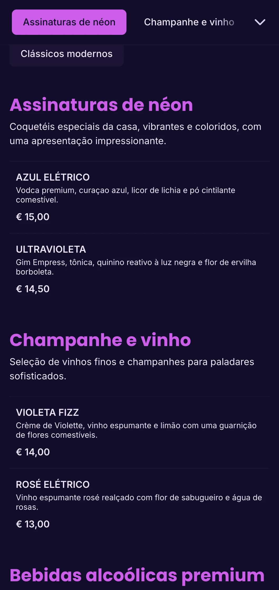 Design vibrante em roxo e ultravioleta para casas noturnas e salões de coquetéis da moda.