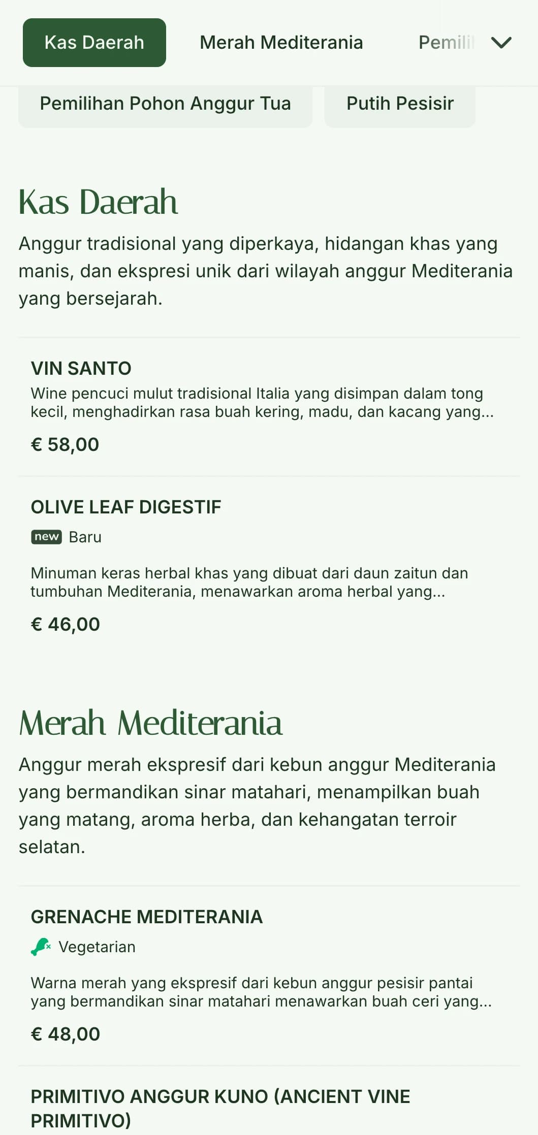 Templat daftar anggur bertema zaitun Mediterania dengan warna hijau yang bersahaja, cocok untuk restoran Italia pedesaan dan kebun anggur.