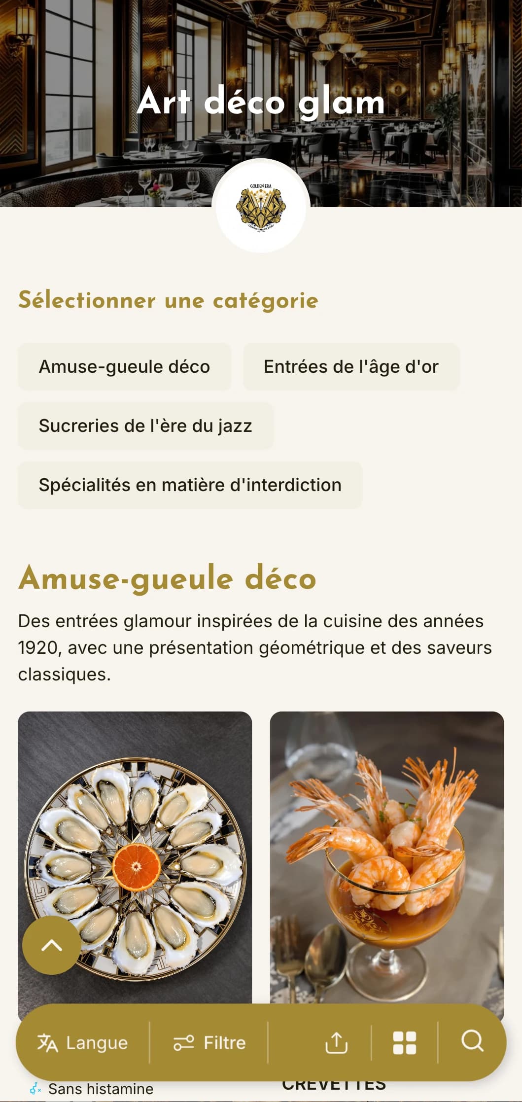 Un menu glamour inspiré des années 1920, avec des motifs géométriques et des accents métalliques, idéal pour les établissements au style vintage.