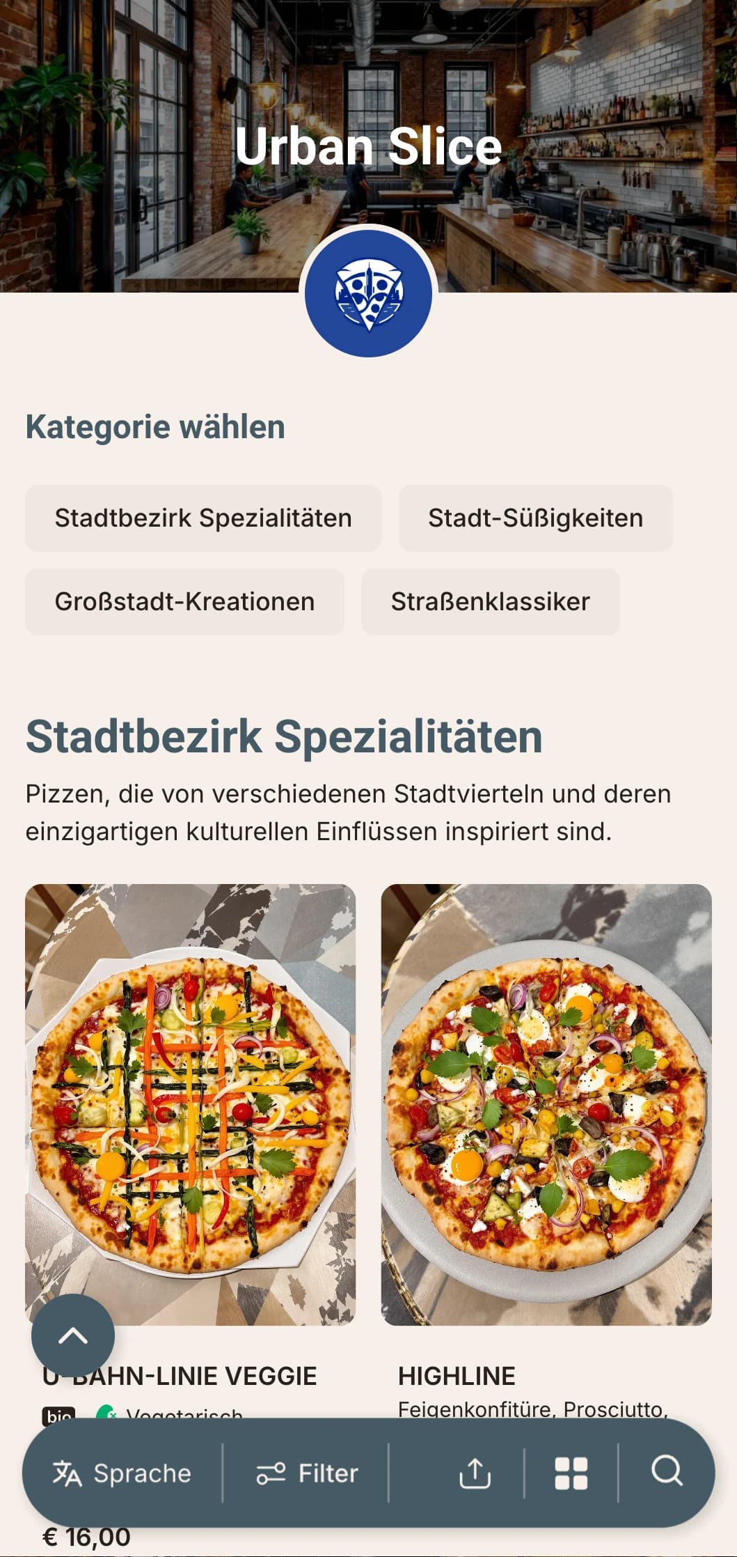 Urbanes, modernes Pizzamenü mit industriellen Designelementen, perfekt für Pizzerien im Stadtzentrum.