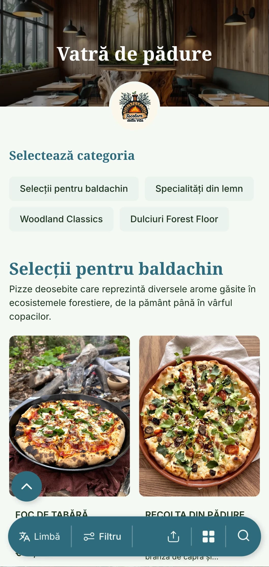 Meniu de pizza inspirat din pădure, cu elemente de pădure și paletă de culori pământii.