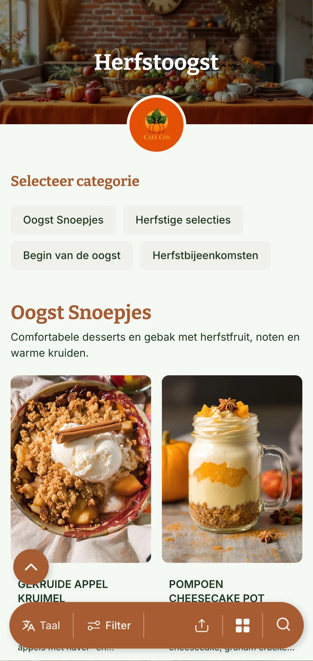 Seizoensbrunchsjabloon met warme herfstkleuren, ideaal voor cafés met op de oogst geïnspireerde ontbijtaanbiedingen.
