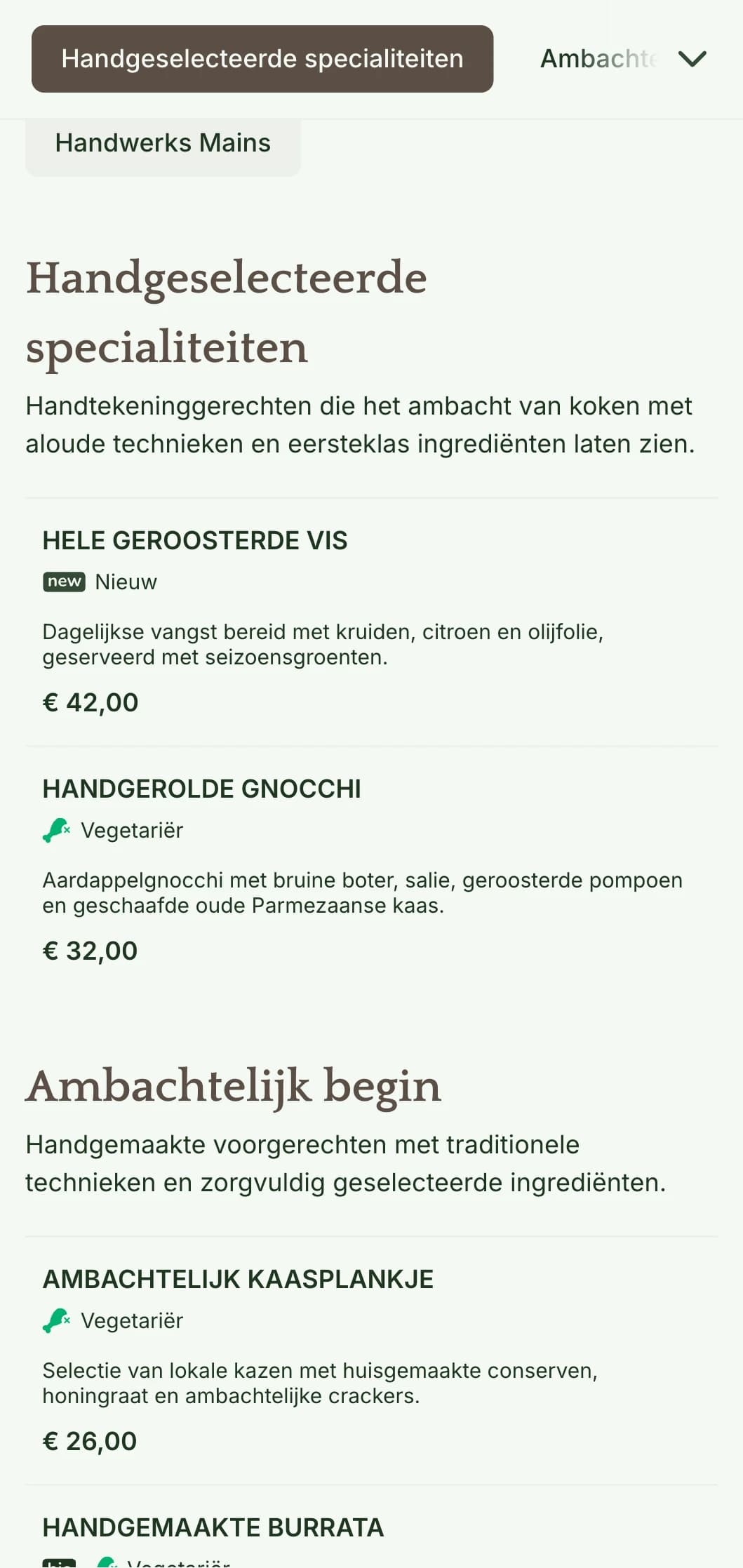Een warm, ambachtelijk dinermenu met ambachtelijke designelementen en aardetinten, perfect voor restaurants die zich richten op ambachtelijke gerechten.