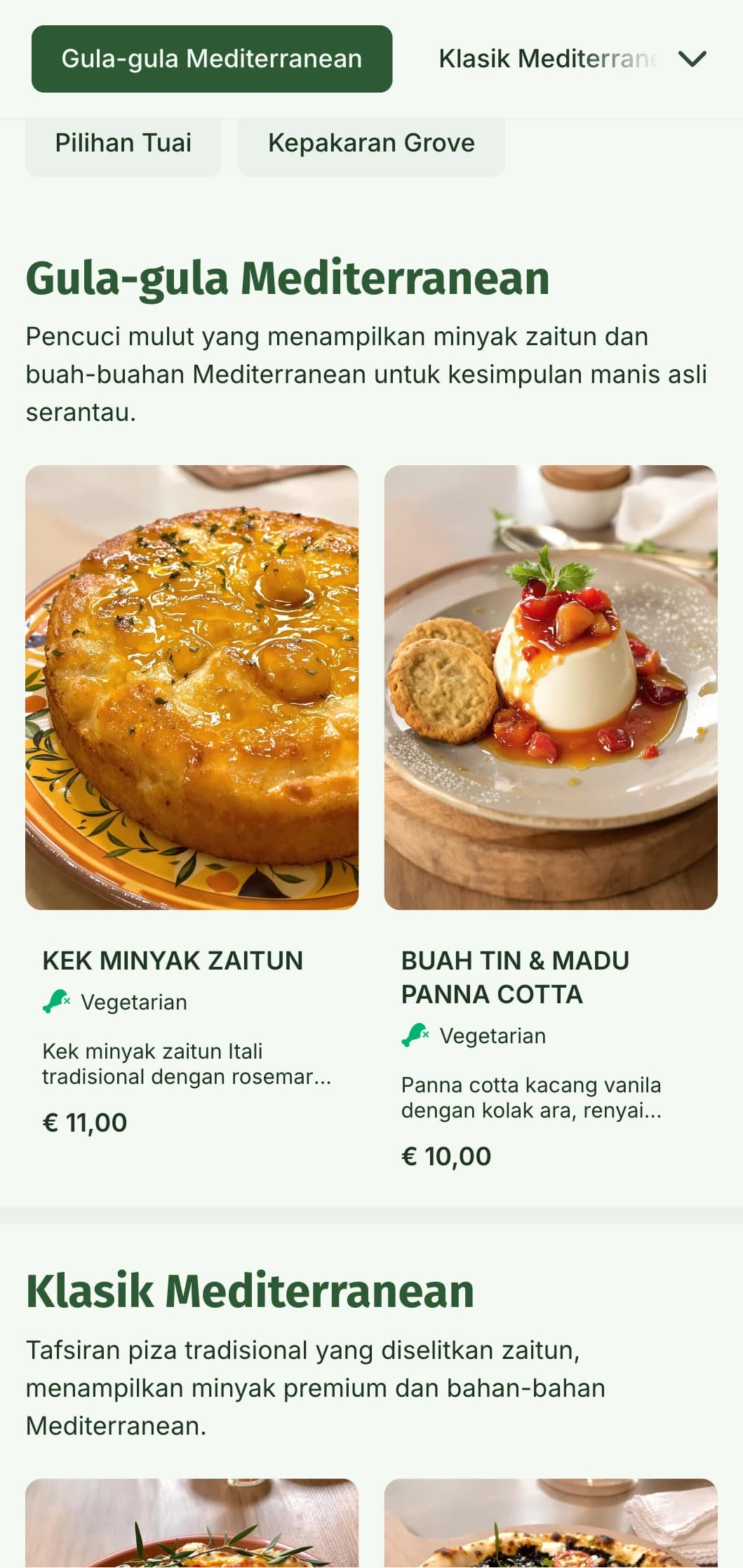 Menu piza berinspirasikan zaitun Mediterranean yang menekankan minyak zaitun dan bahan semula jadi.