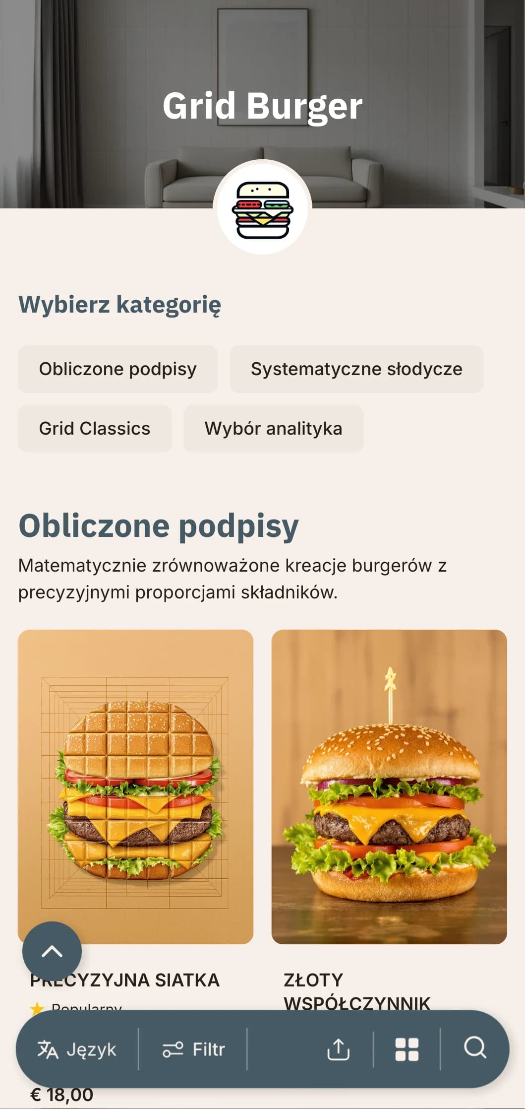 Matematycznie precyzyjna koncepcja hamburgera z układami siatki i systematyczną prezentacją.
