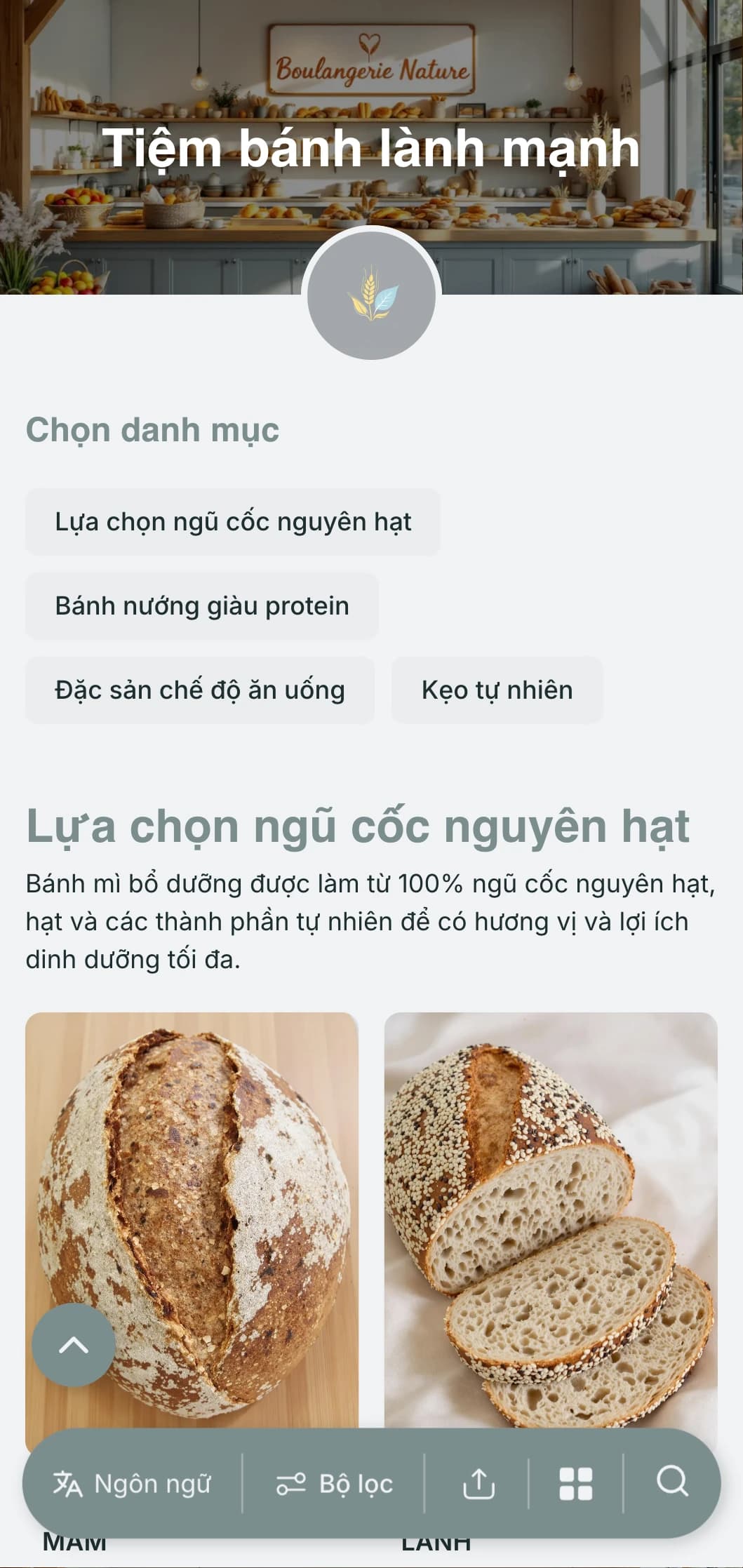 Thiết kế thực đơn tiệm bánh chú trọng đến sức khỏe với tông màu xanh xám tự nhiên và kiểu chữ sạch sẽ, hoàn hảo cho các tiệm bánh chú trọng vào các thành phần lành mạnh và lựa chọn ăn kiêng.