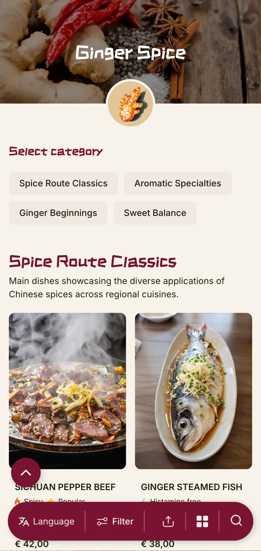Vibrant Chinese menu design inspired by ginger and spice traditions, with bold elements for authentic regional cuisine.