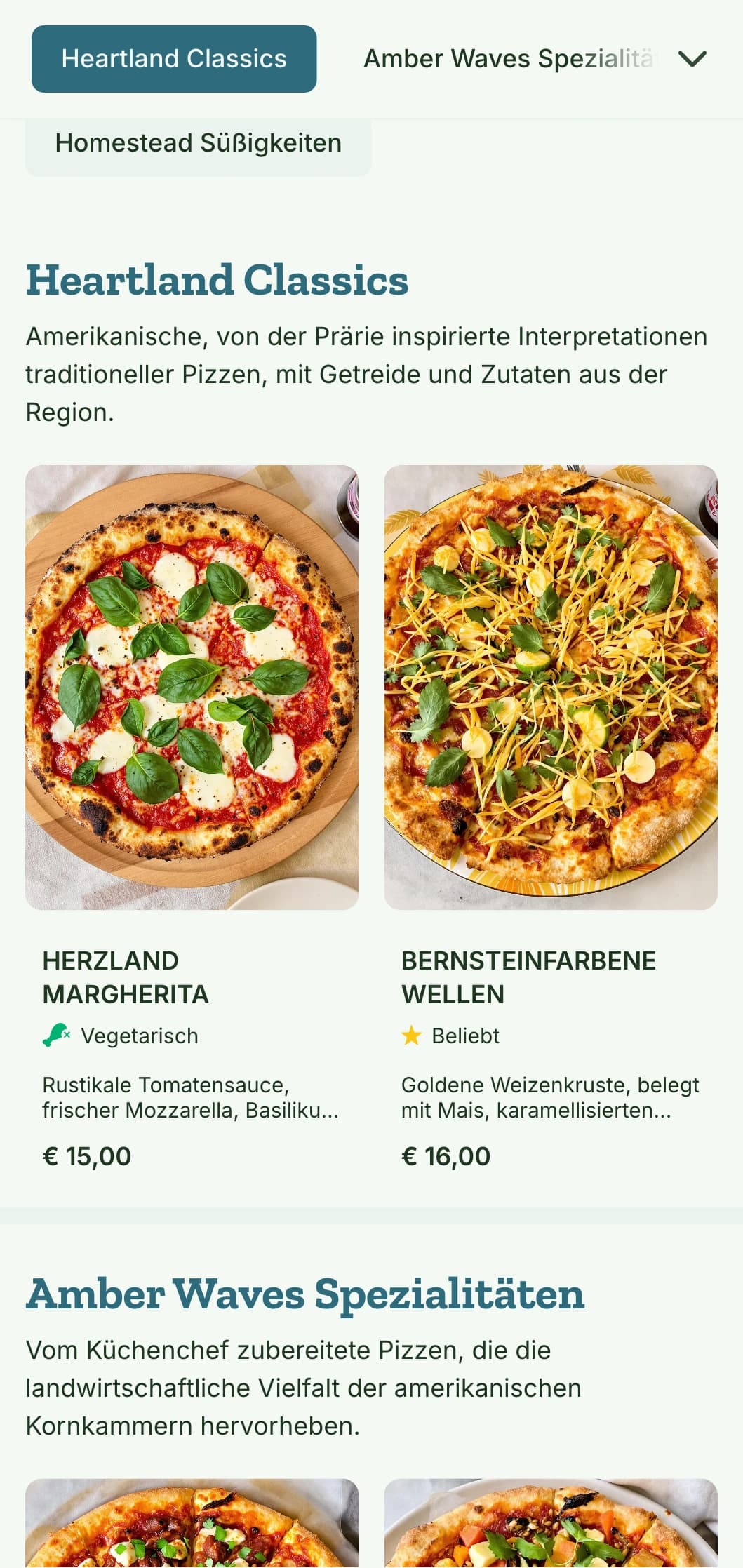 Amerikanisch inspiriertes Pizzamenü mit Weizenmotiven und natürlichen Elementen.