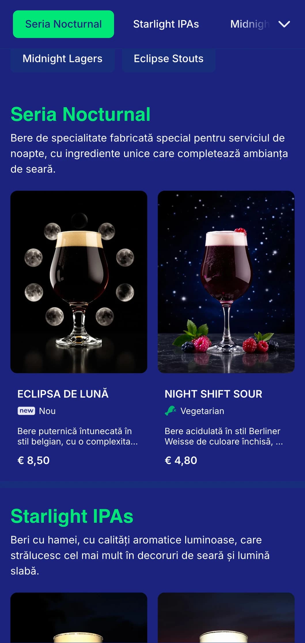 Design întunecat și misterios, cu tonuri de albastru miezul nopții și elemente lunare, ideal pentru localuri de seară și berării de noapte.