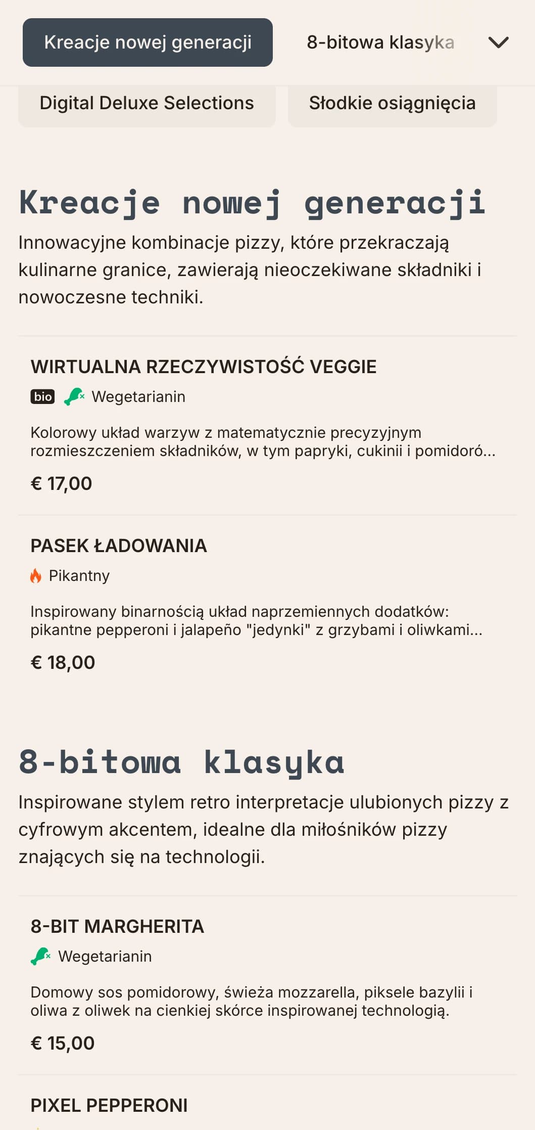 Nowoczesne menu pizzy inspirowane technologią z cyfrową estetyką dla innowacyjnych koncepcji pizzy.