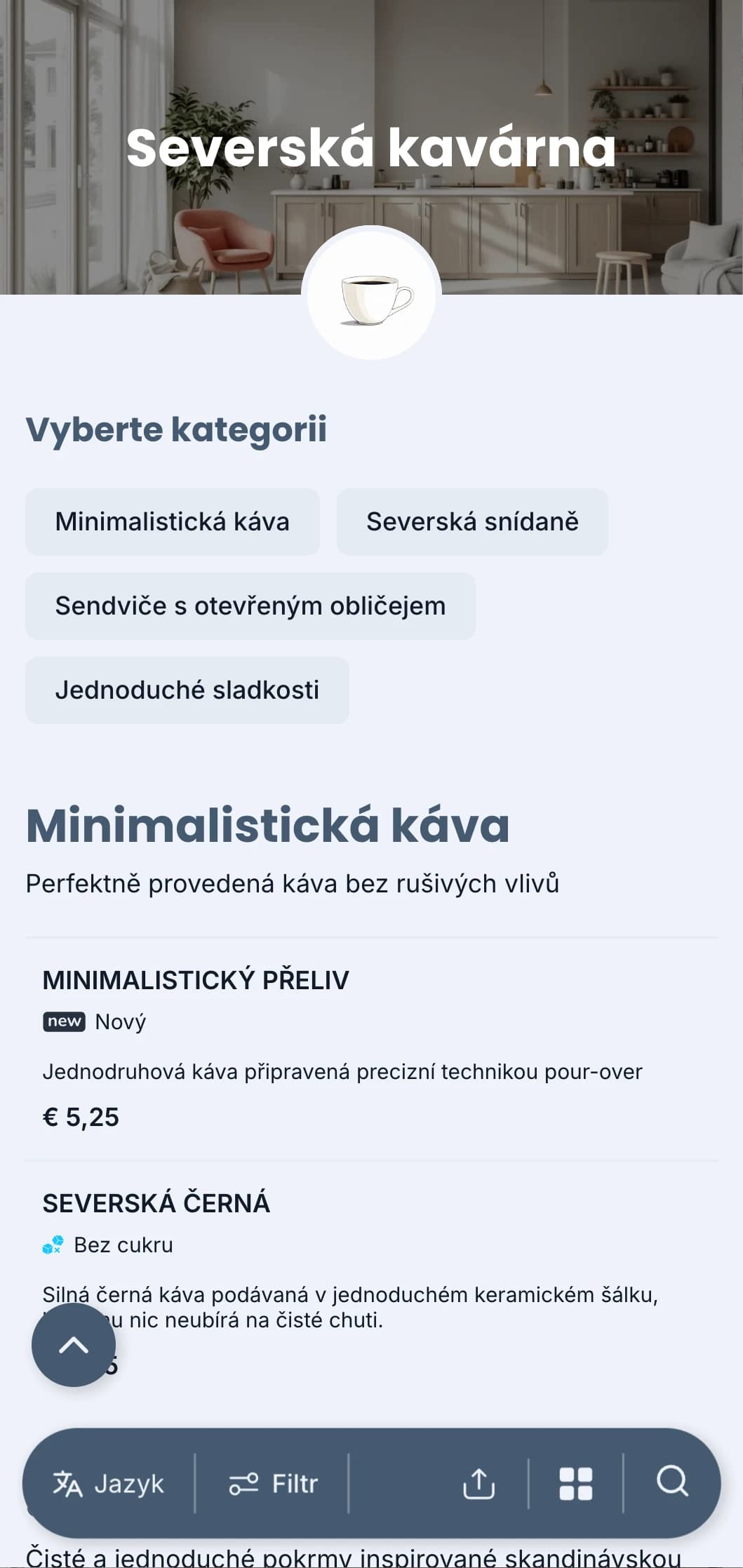Čistý design inspirovaný skandinávským stylem s chladnými modrými tóny pro moderní minimalistické kavárny.
