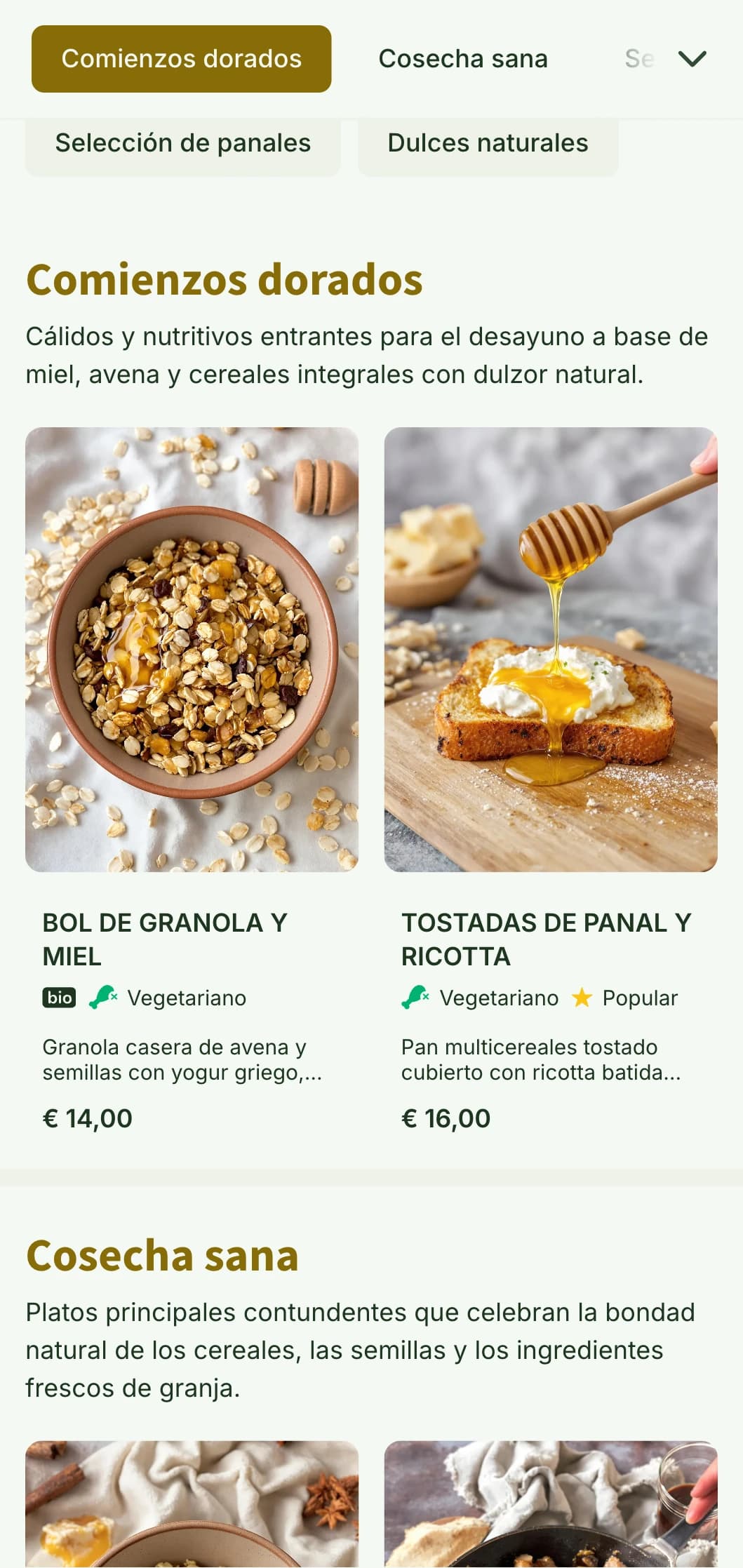 Plantilla de brunch cálida y dorada con texturas naturales, ideal para desayunos sanos y cafeterías de repostería.
