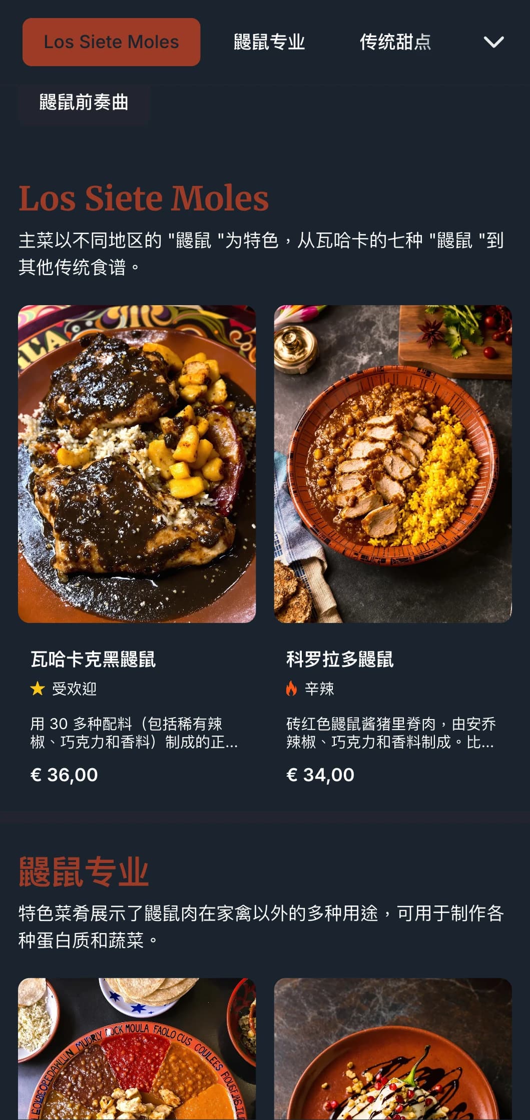 丰富而复杂的菜单展示了墨西哥多种多样的摩尔酱汁，具有深陶土色调、传统制作方法和地区变化。
