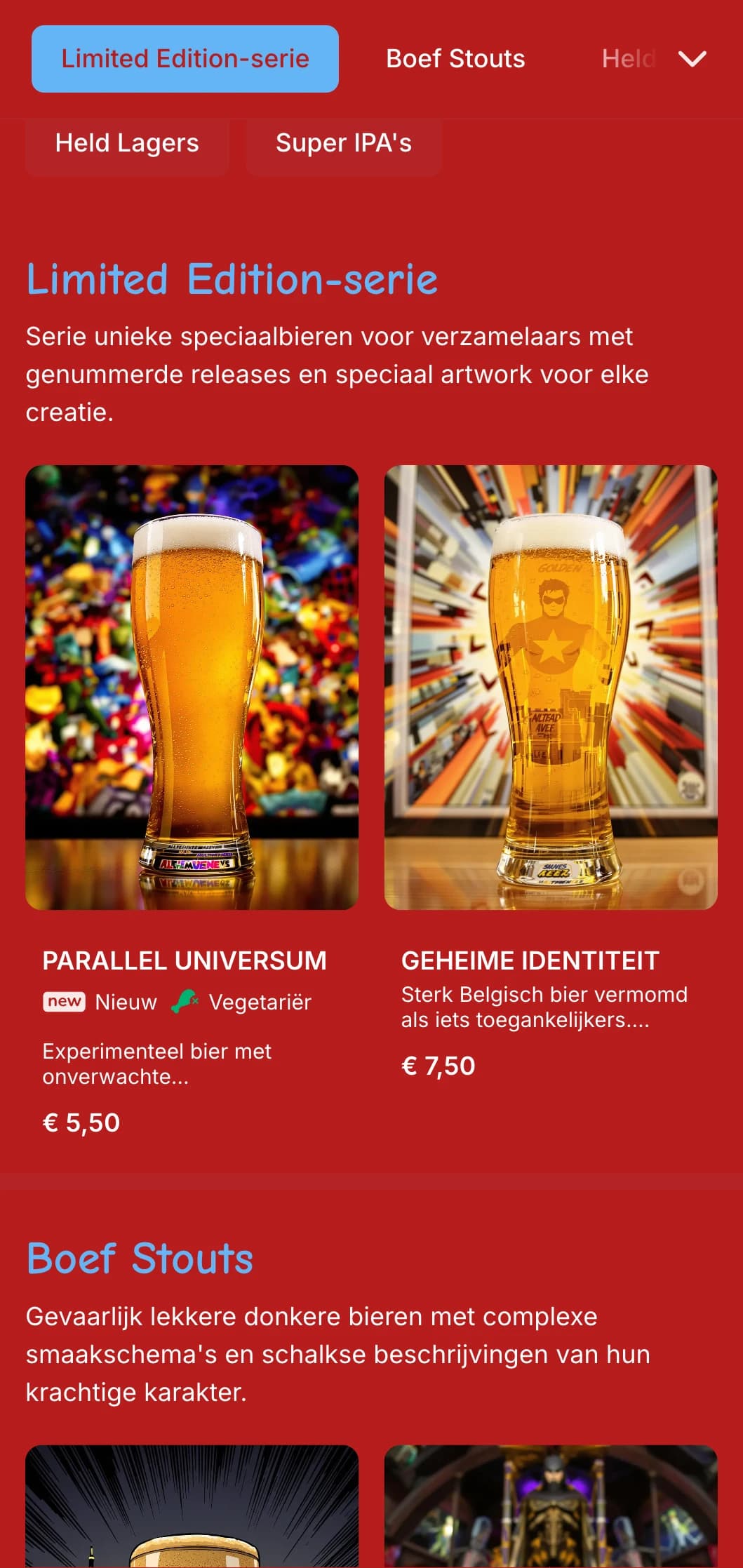 Levendig en speels ontwerp geïnspireerd op stripboeken, met felle kleuren en grafische elementen voor themabierzaken.
