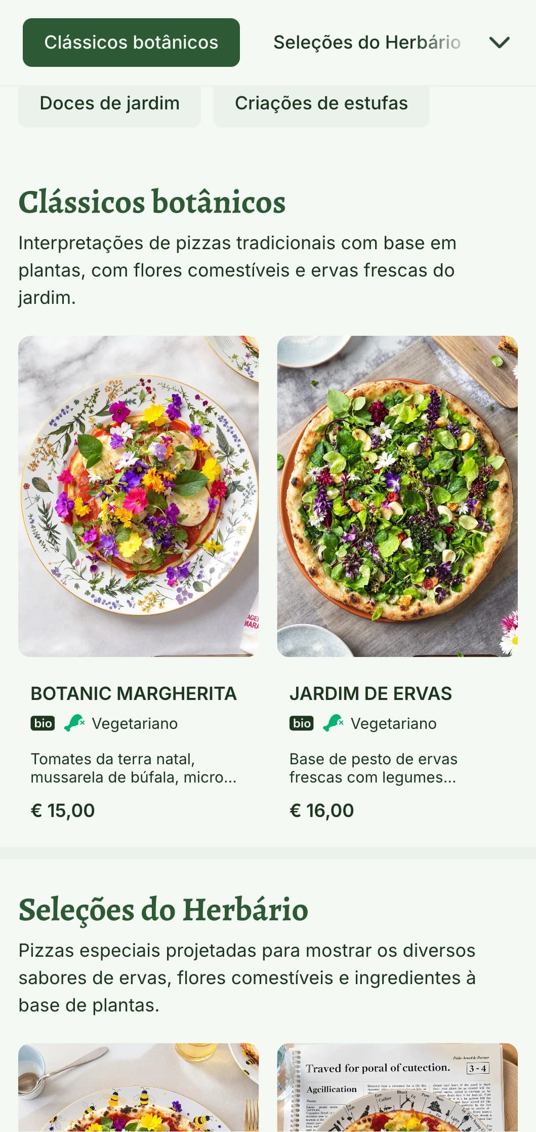 Cardápio de pizza à base de vegetais com ilustrações botânicas e elementos de design naturais.