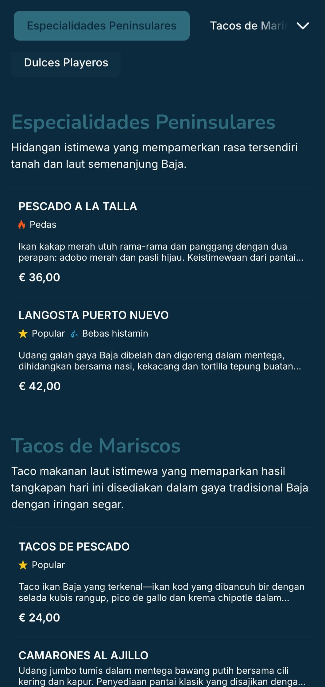 Menu ilham Baja yang ringan dan menyegarkan menampilkan taco makanan laut, bahan-bahan segar dan aksen biru pantai dengan suasana pantai moden.