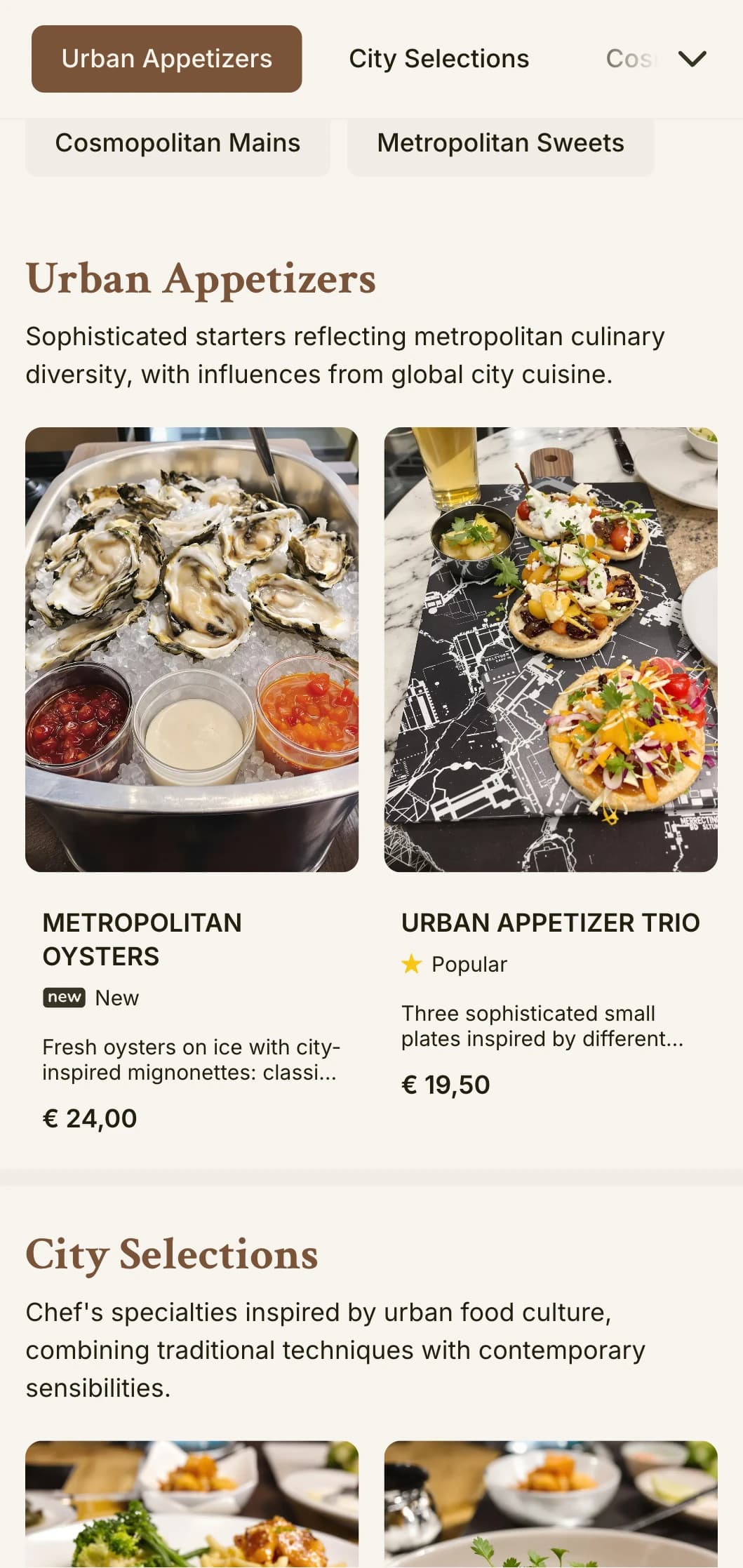 Cosmopolitan, city-inspired lunch menu design with urban elegance and refined details, suited for downtown restaurants and sophisticated city establishments.