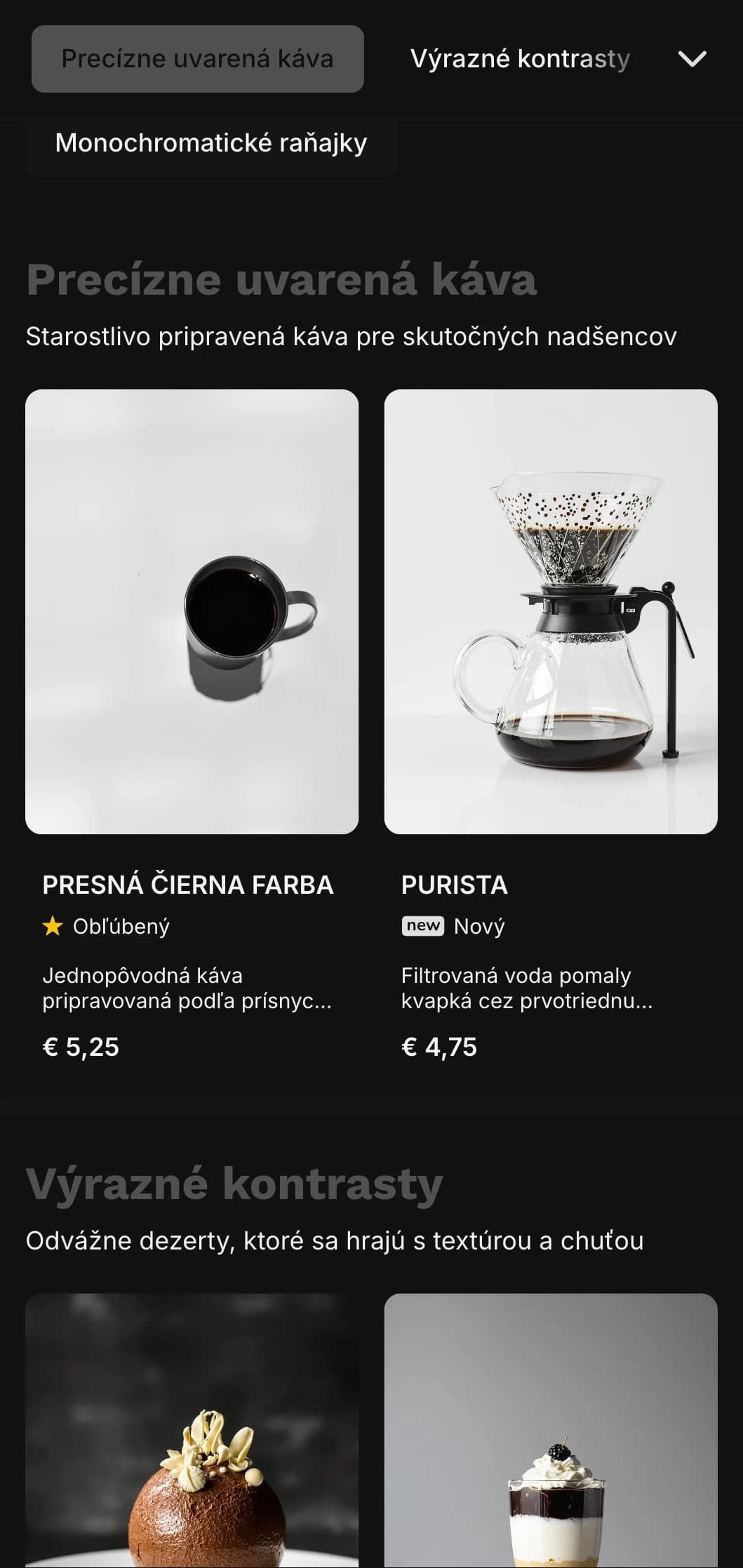 Výrazný čiernobiely dizajn s výraznou typografiou pre špecializované kaviarne.