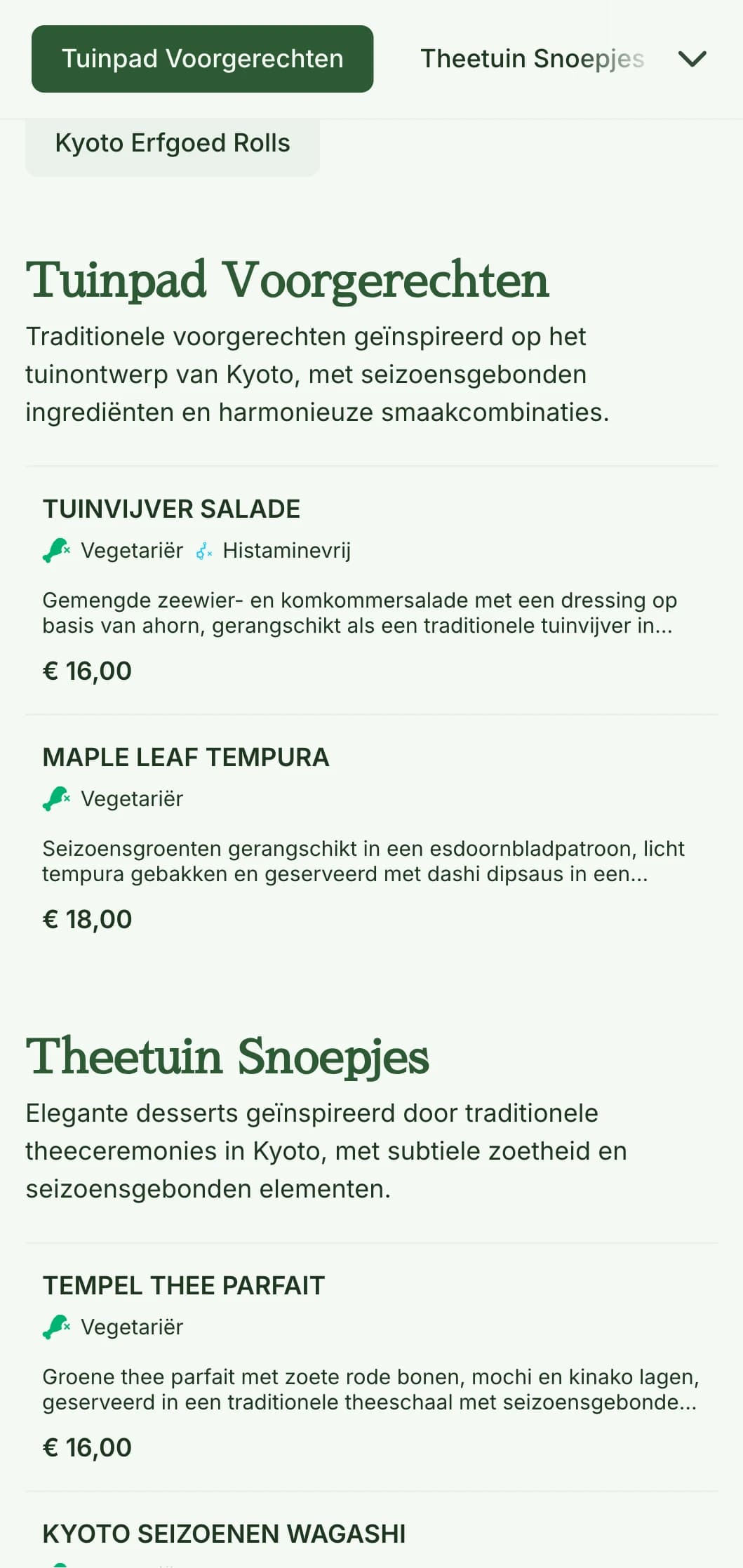 Traditioneel op de Japanse tuin geïnspireerd sushi-menu met serene groene tinten en klassieke elementen.
