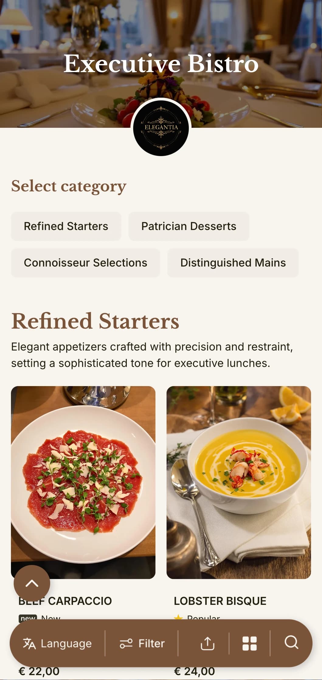 Sophisticated lunch menu design with refined typography and elegant spacing, tailored for upscale hotel restaurants and executive dining rooms serving business professionals.