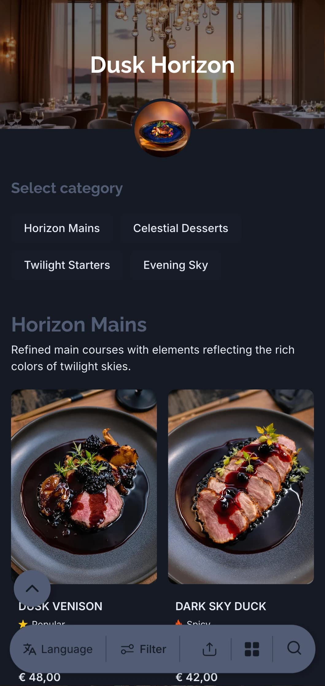Refined evening dining concept inspired by the sophisticated colors of dusk and twilight skies.