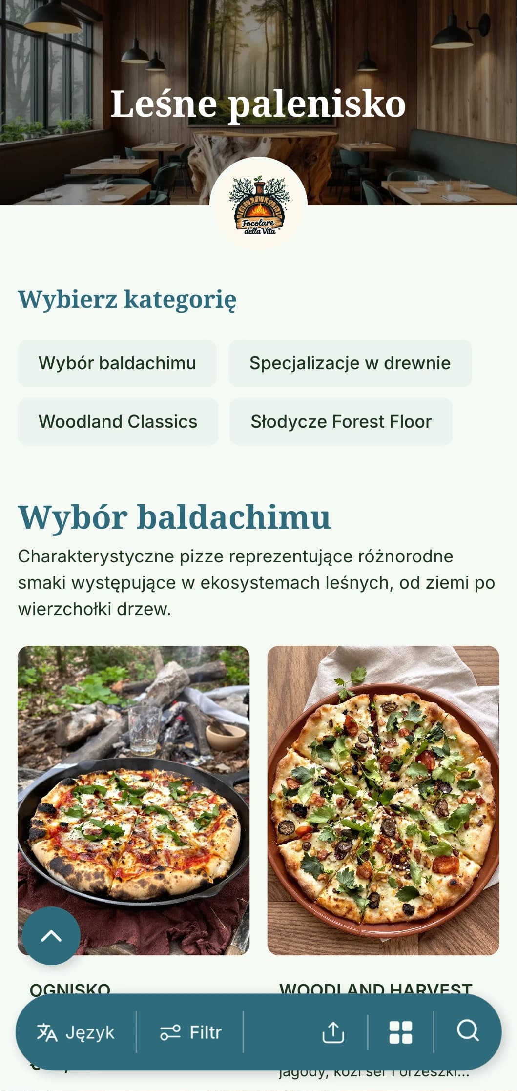 Inspirowane lasem menu pizzy z elementami leśnymi i ziemistą paletą kolorów.