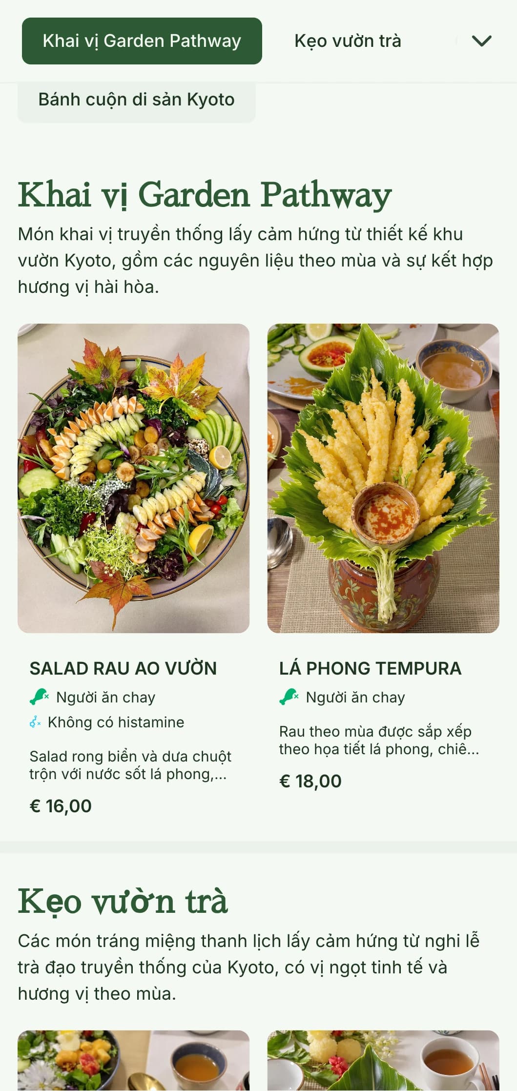 Thực đơn sushi theo phong cách vườn Nhật Bản truyền thống với tông màu xanh thanh bình và các yếu tố cổ điển.