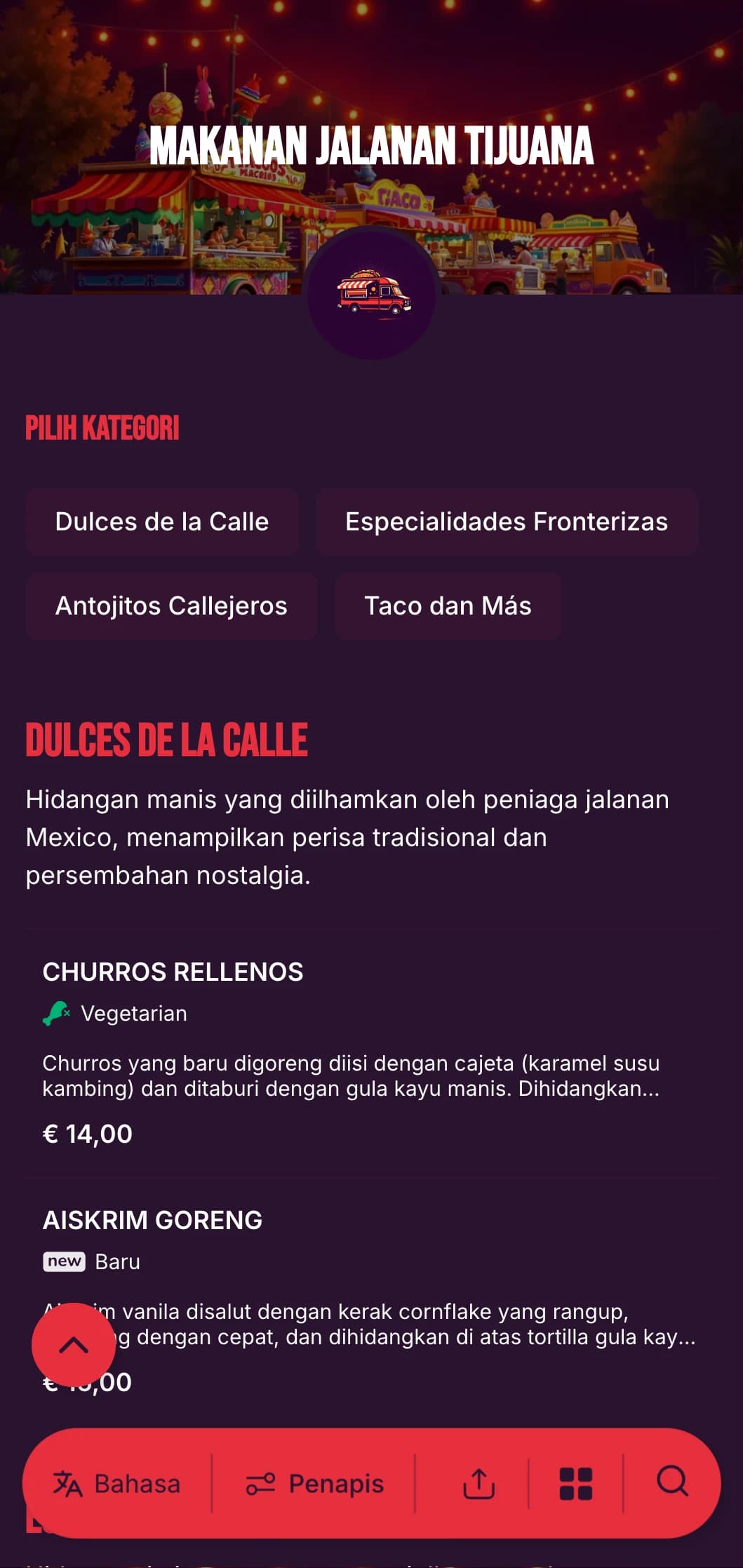 Menu makanan jalanan yang berani dan bertenaga yang diilhamkan oleh pemandangan makanan Tijuana yang meriah dengan warna-warna cerah, tipografi kasual dan kepakaran taco asli.