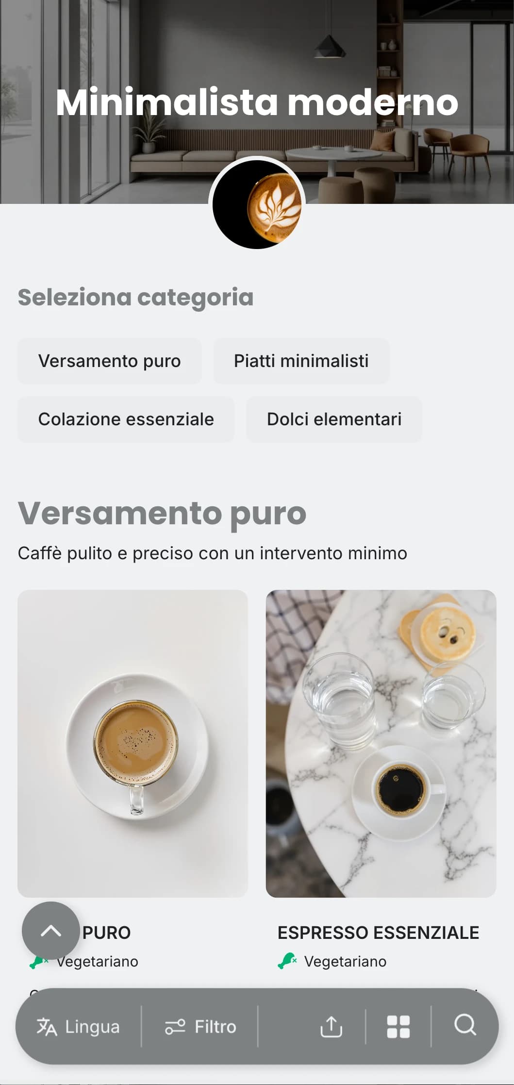 Design pulito e monocromatico con elementi minimali per caffè contemporanei dall'estetica moderna.