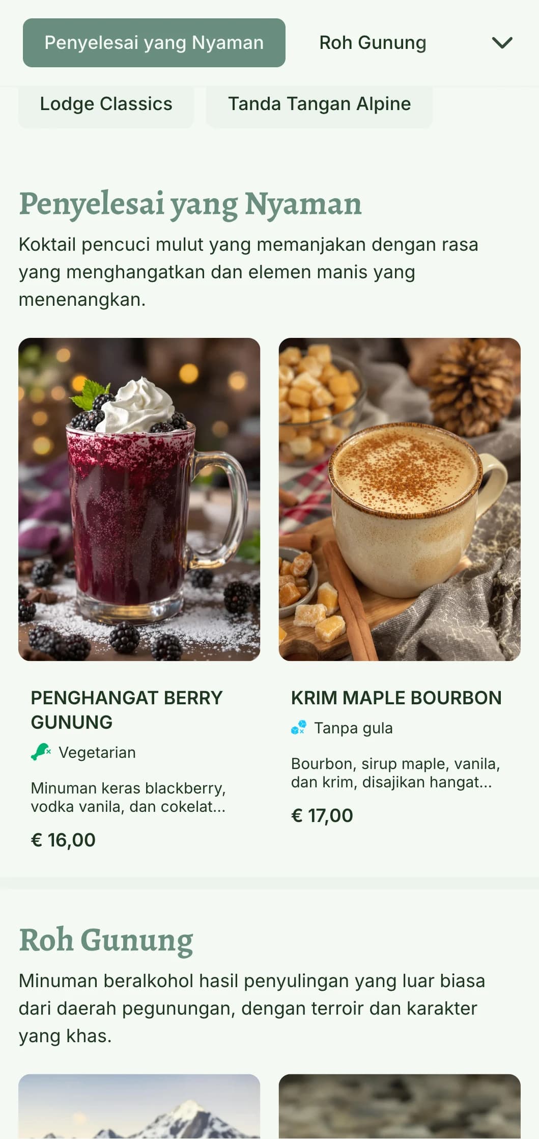 Desain yang nyaman dan terinspirasi dari pegunungan untuk bar resor ski dan penginapan alpine yang menampilkan elemen alami yang hangat dan tipografi pedesaan.