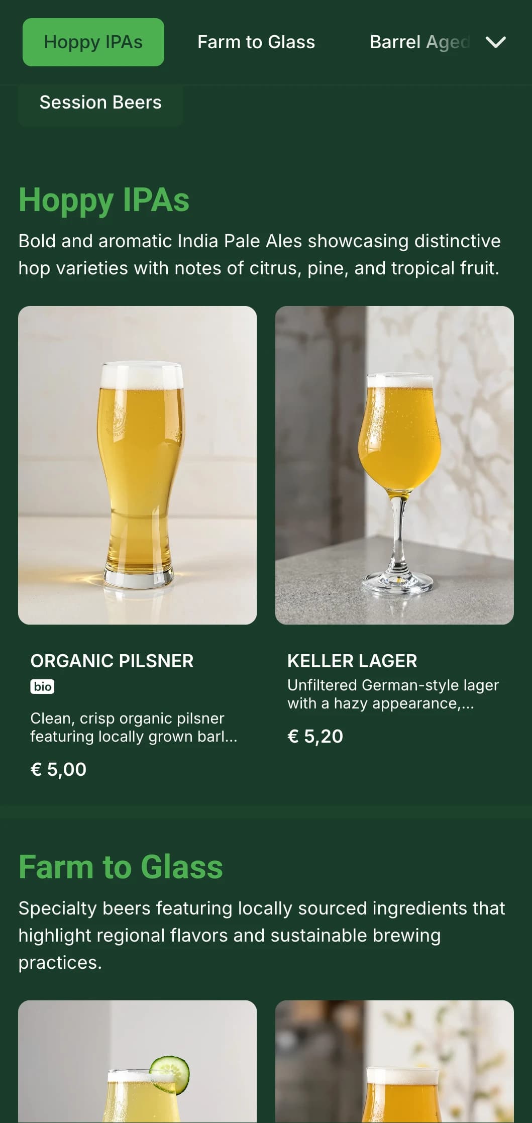 Modern and clean design for contemporary breweries and beer gardens, with botanical accents and a fresh color palette highlighting beer ingredients.