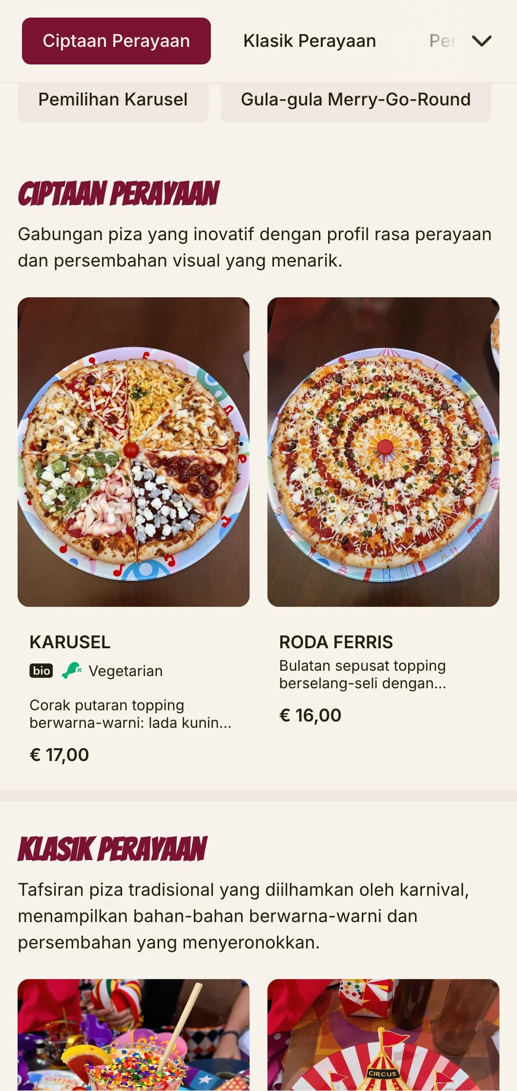 Menu piza yang meriah dan bertenaga dengan warna-warna cerah dan unsur-unsur suka bermain.