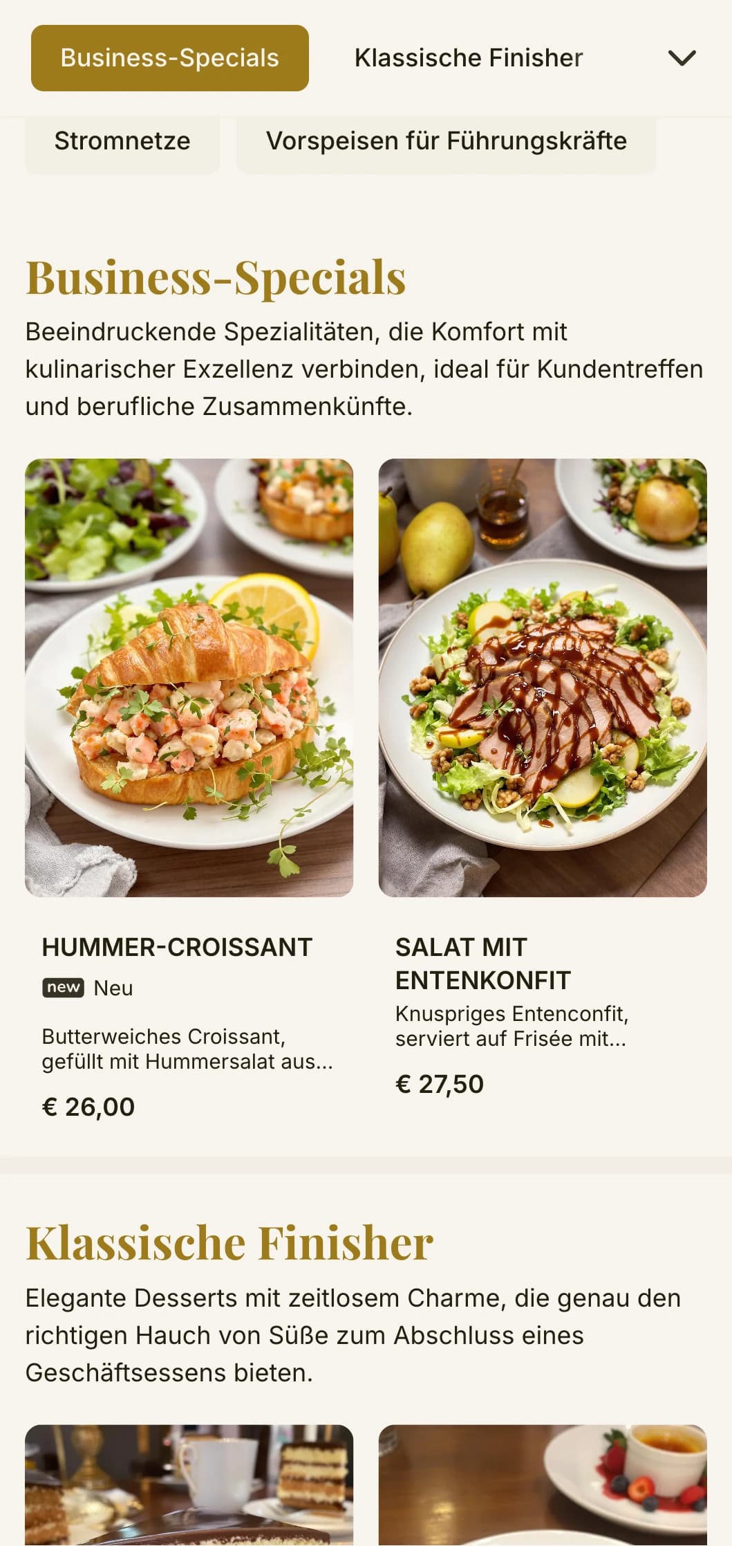 Elegantes und zugleich effizientes Design für Mittagsmenüs in Geschäftsvierteln und in der Unternehmensgastronomie, mit zeitloser Typografie und ausgeklügeltem Layout für schnelle professionelle Mittagessen.
