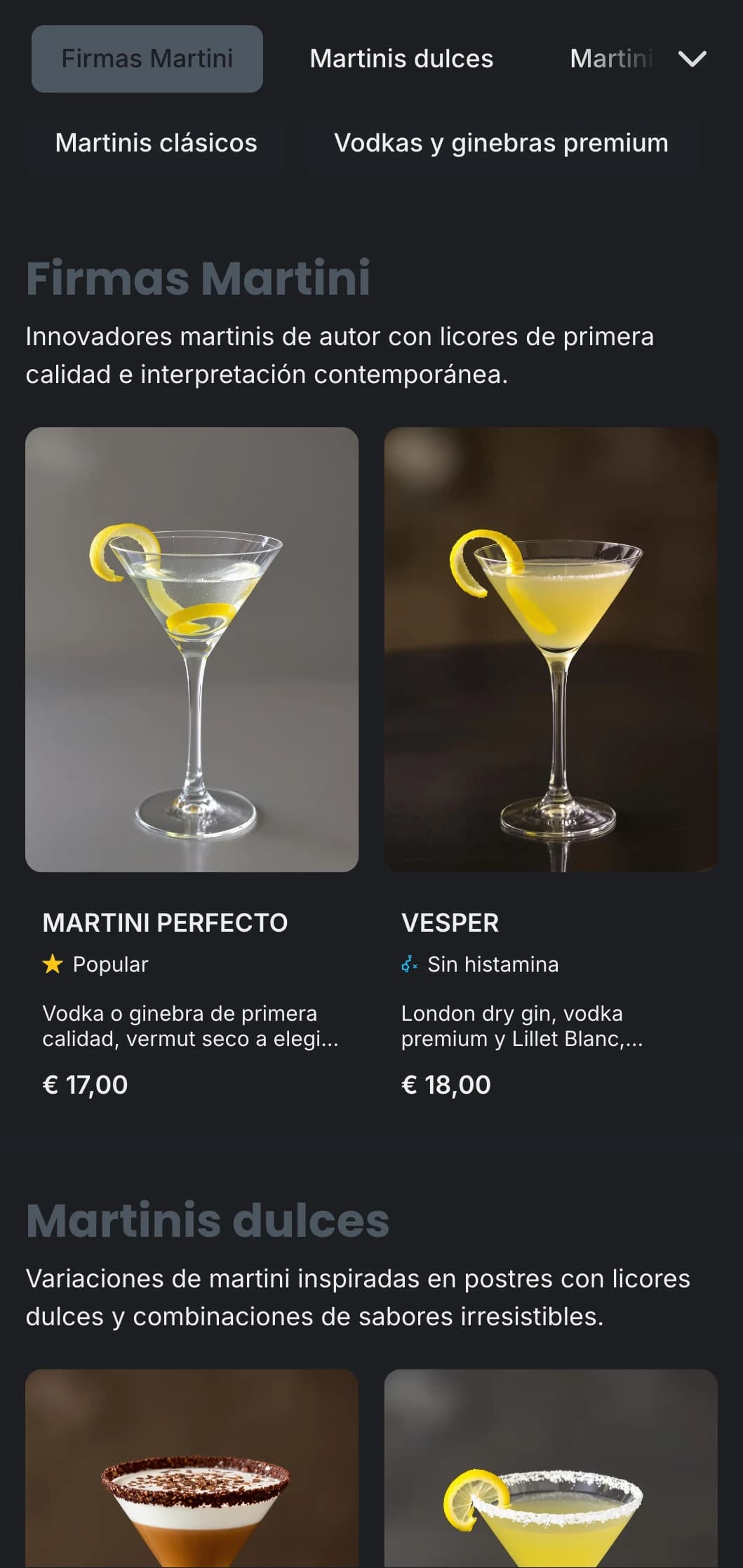 Un diseño elegante y metropolitano para bares de martinis urbanos con tonos grises fríos y tipografía limpia.