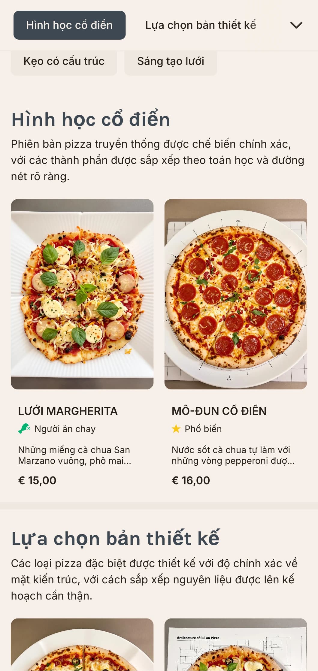 Thực đơn pizza hiện đại hình học với bố cục dạng lưới và các yếu tố thiết kế chính xác.
