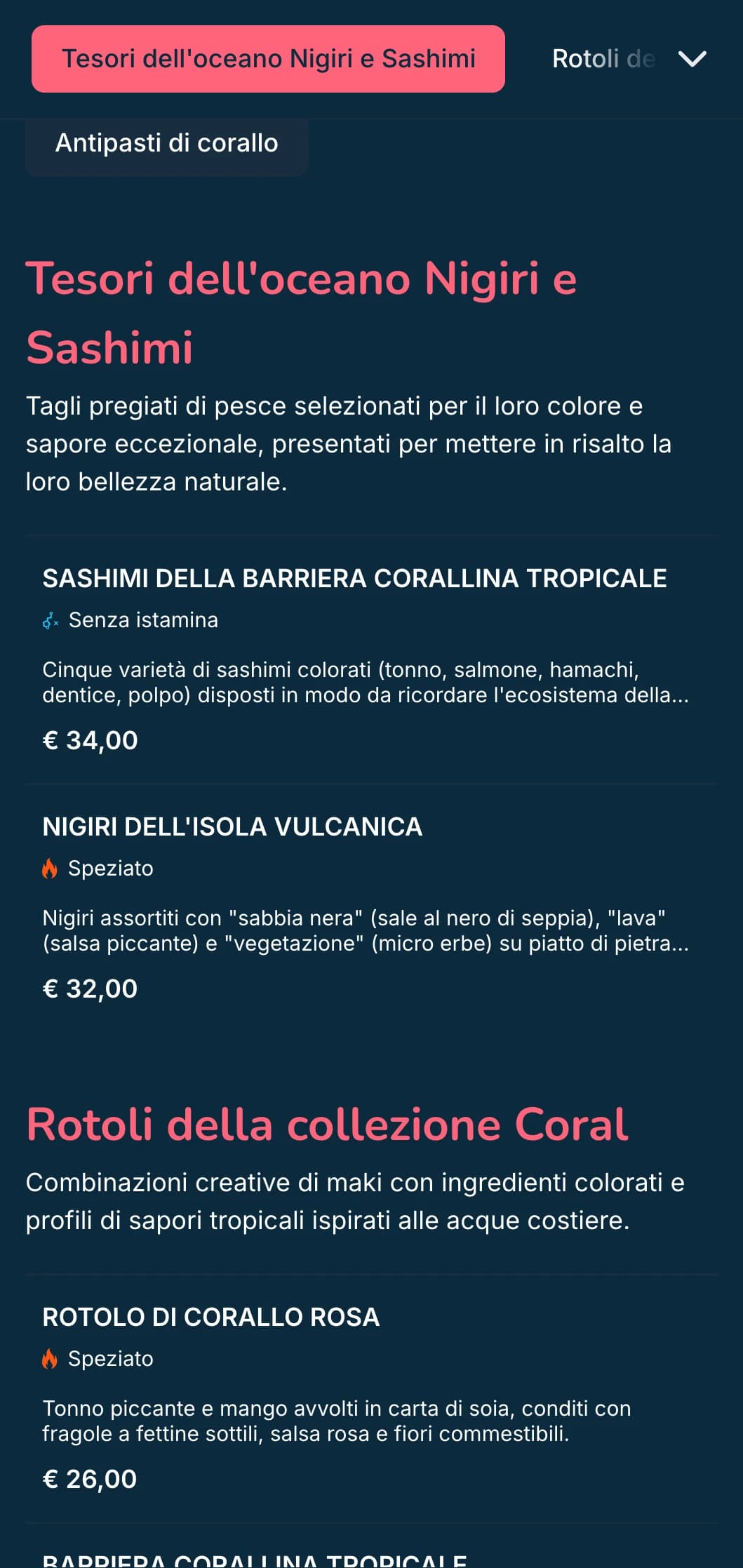 Un vibrante menu di sushi ispirato all'oceano con accenti rosa corallo su sfondi blu intenso, perfetto per gli specialisti dei frutti di mare.