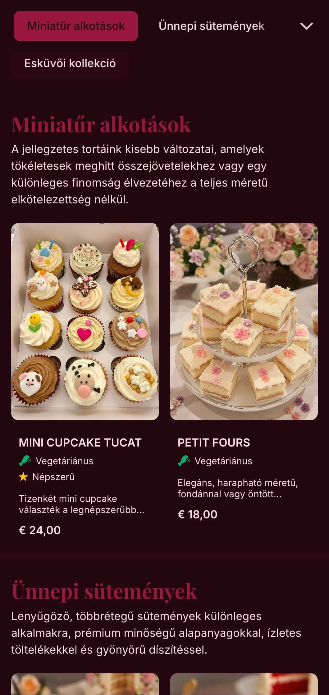 Fényűző, nőies pékségi menüterv gazdag rózsaszín tónusokkal és elegáns tipográfiával, ideális az előkelő cukrászdák és esküvői torták specialistái számára.