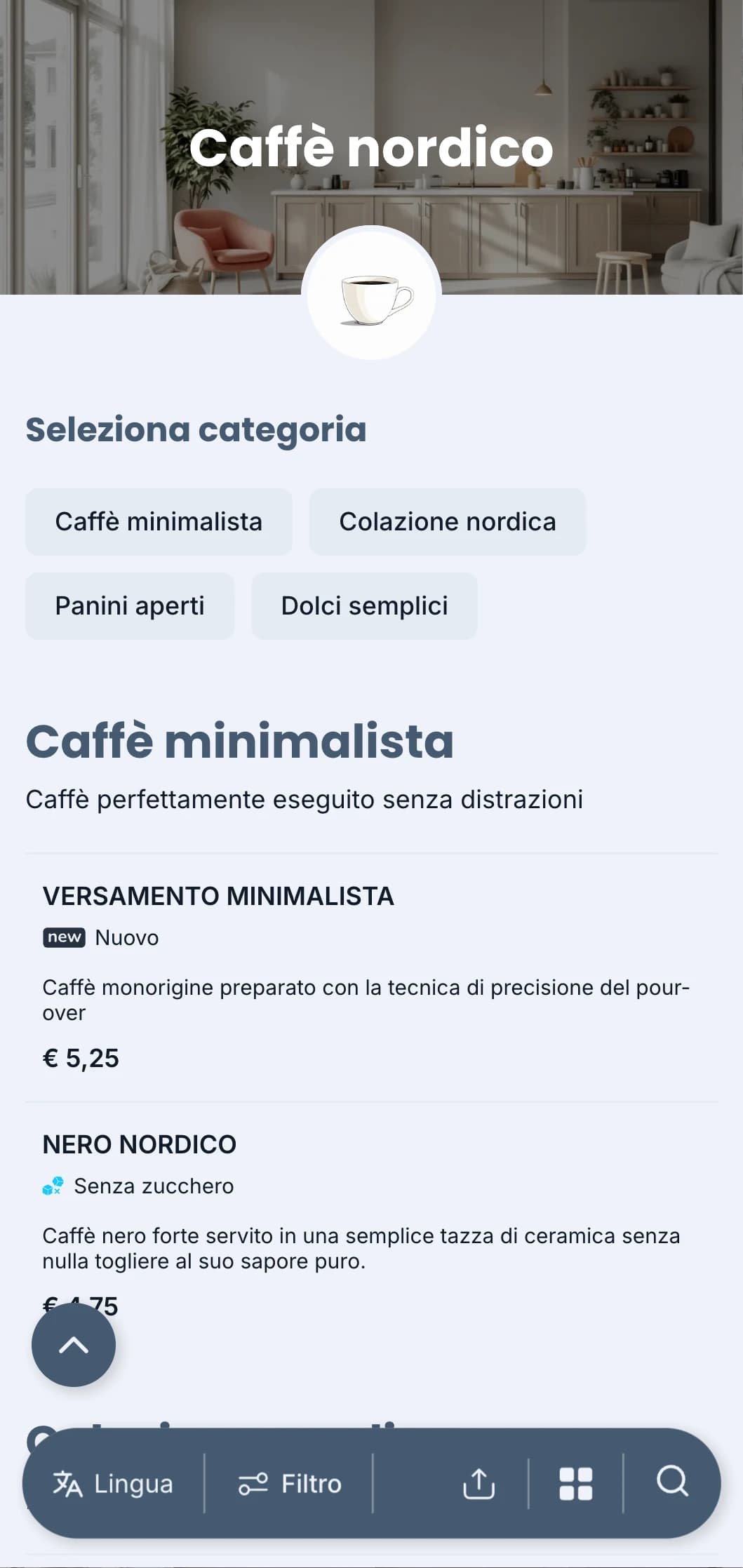 Design pulito di ispirazione scandinava con fresche tonalità di blu per caffè moderni e minimalisti.