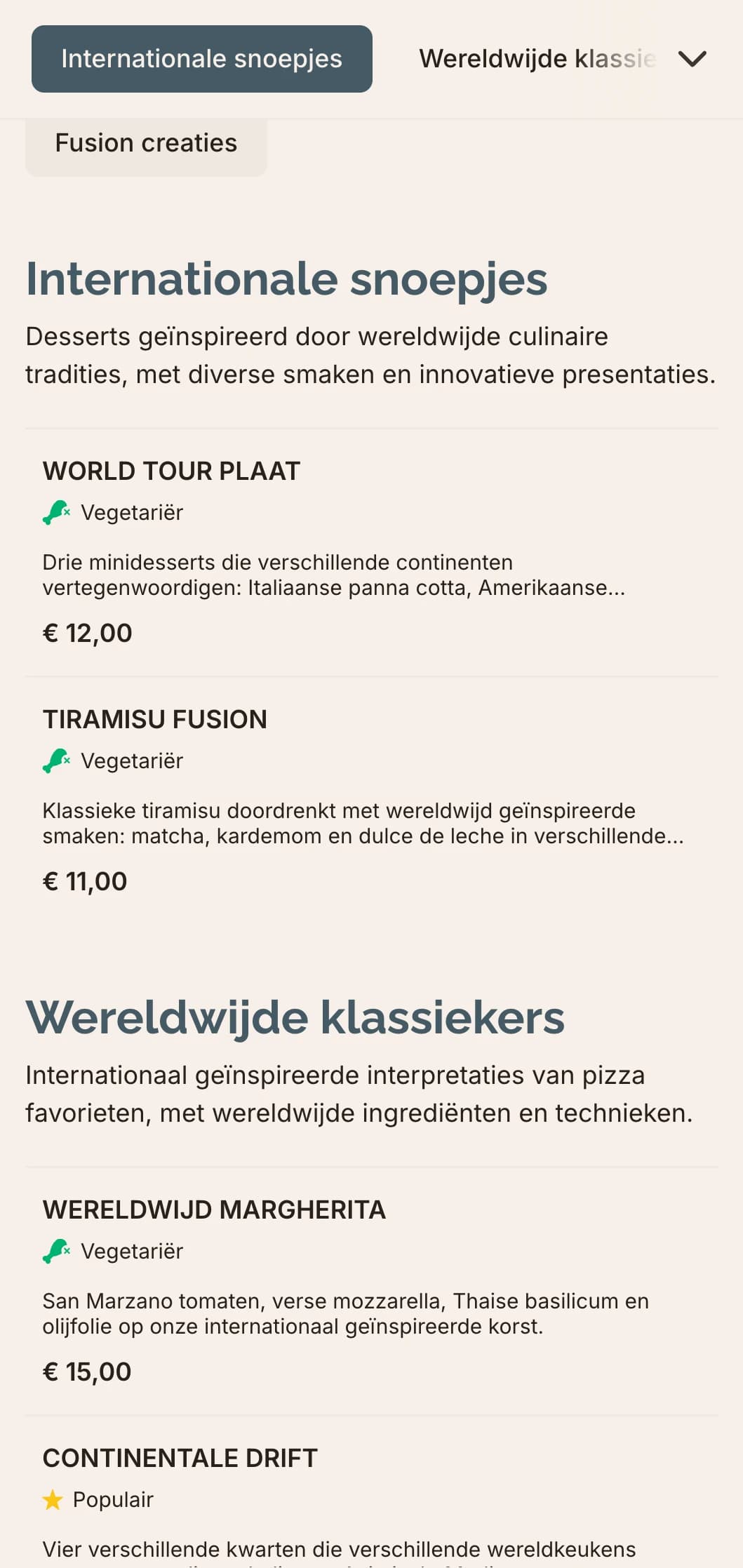 Wereldwijd fusion pizzamenu met eigentijds design voor innovatieve smaakcombinaties.
