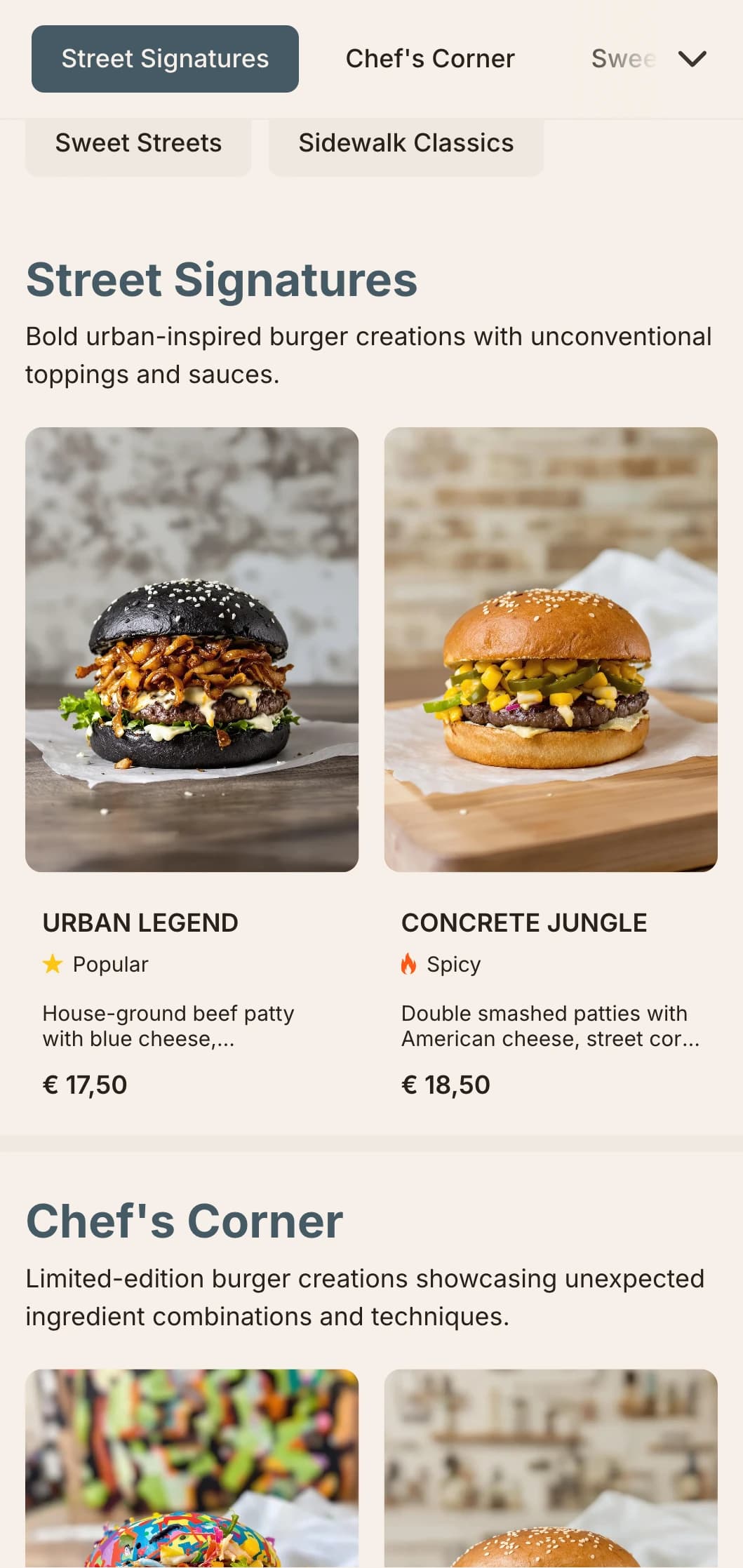 Urban street food inspired design with stark contrasts and street art elements for a contemporary casual burger experience.