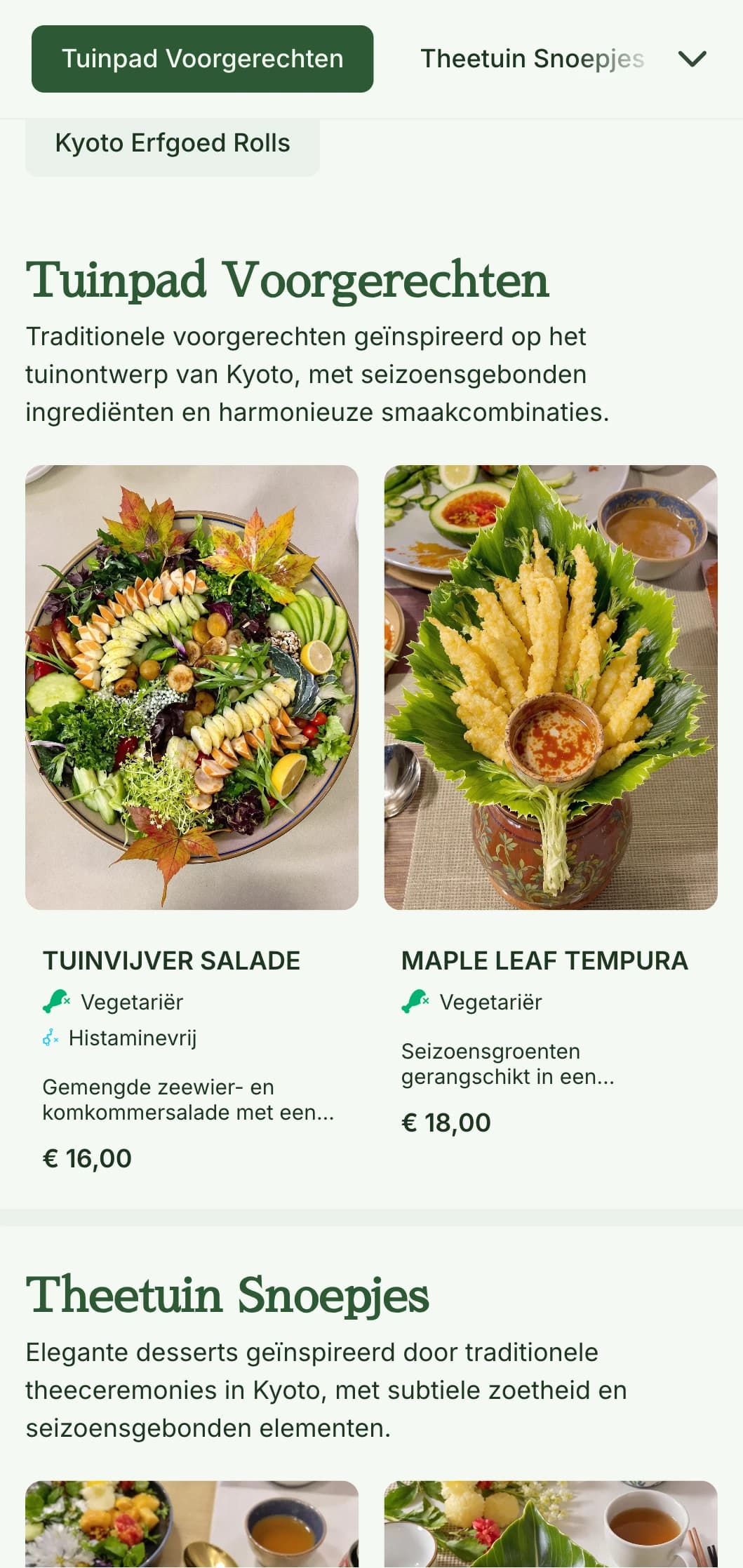 Traditioneel op de Japanse tuin geïnspireerd sushi-menu met serene groene tinten en klassieke elementen.