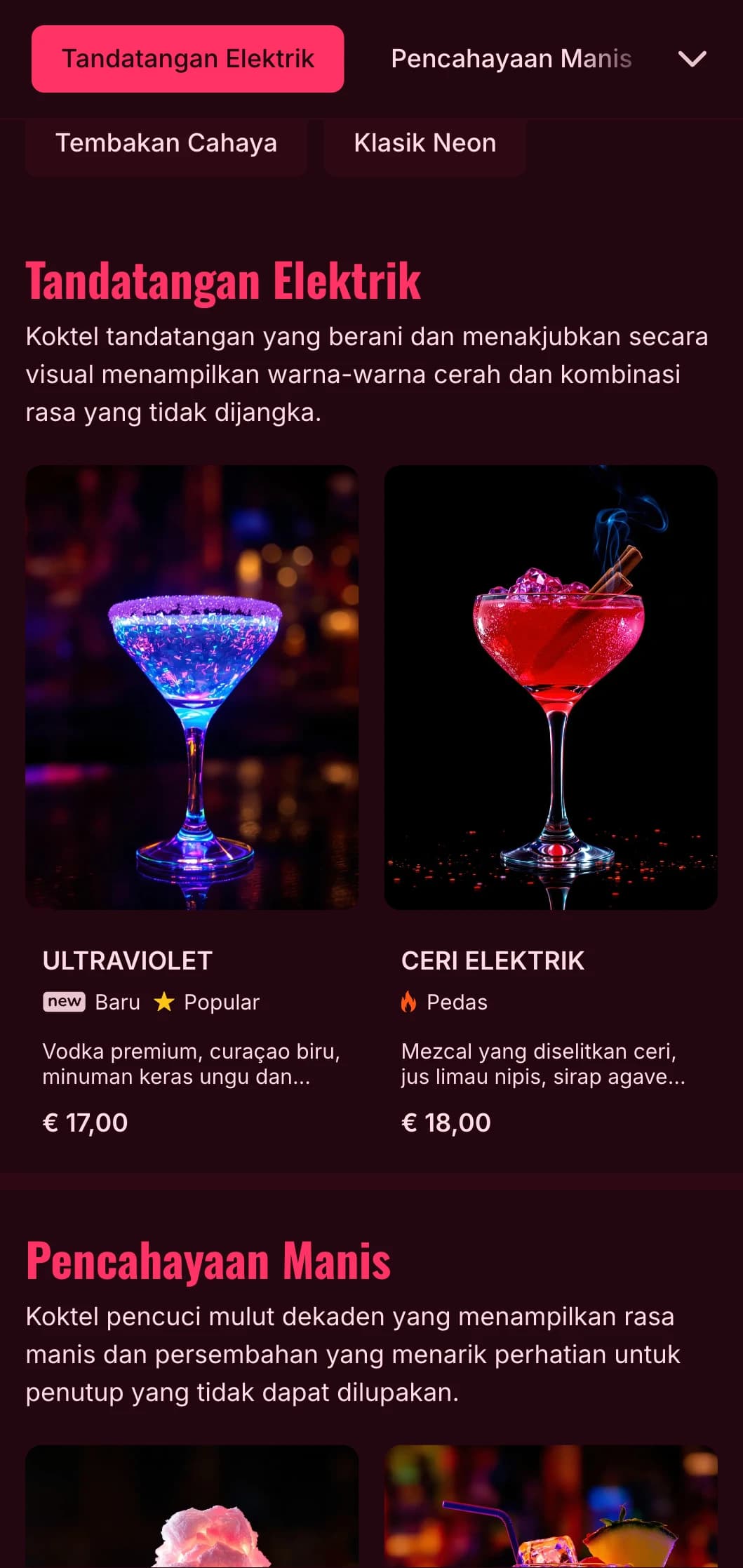 Reka bentuk menu yang berani dan bertenaga yang diilhamkan oleh hiburan malam neon, sesuai untuk bar koktel kontemporari dan kelab malam.