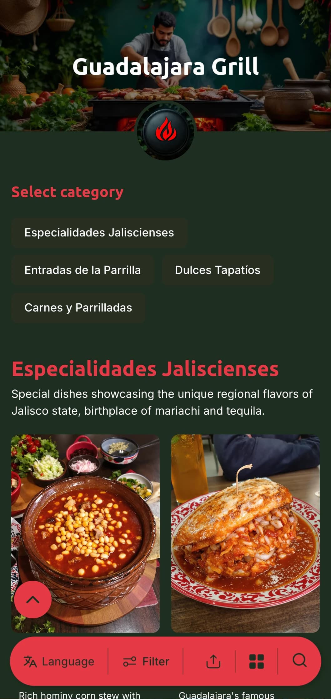 Bold and flavorful menu celebrating Guadalajara's cuisine featuring rich red accents, traditional charcoal grill items, and regional specialties.
