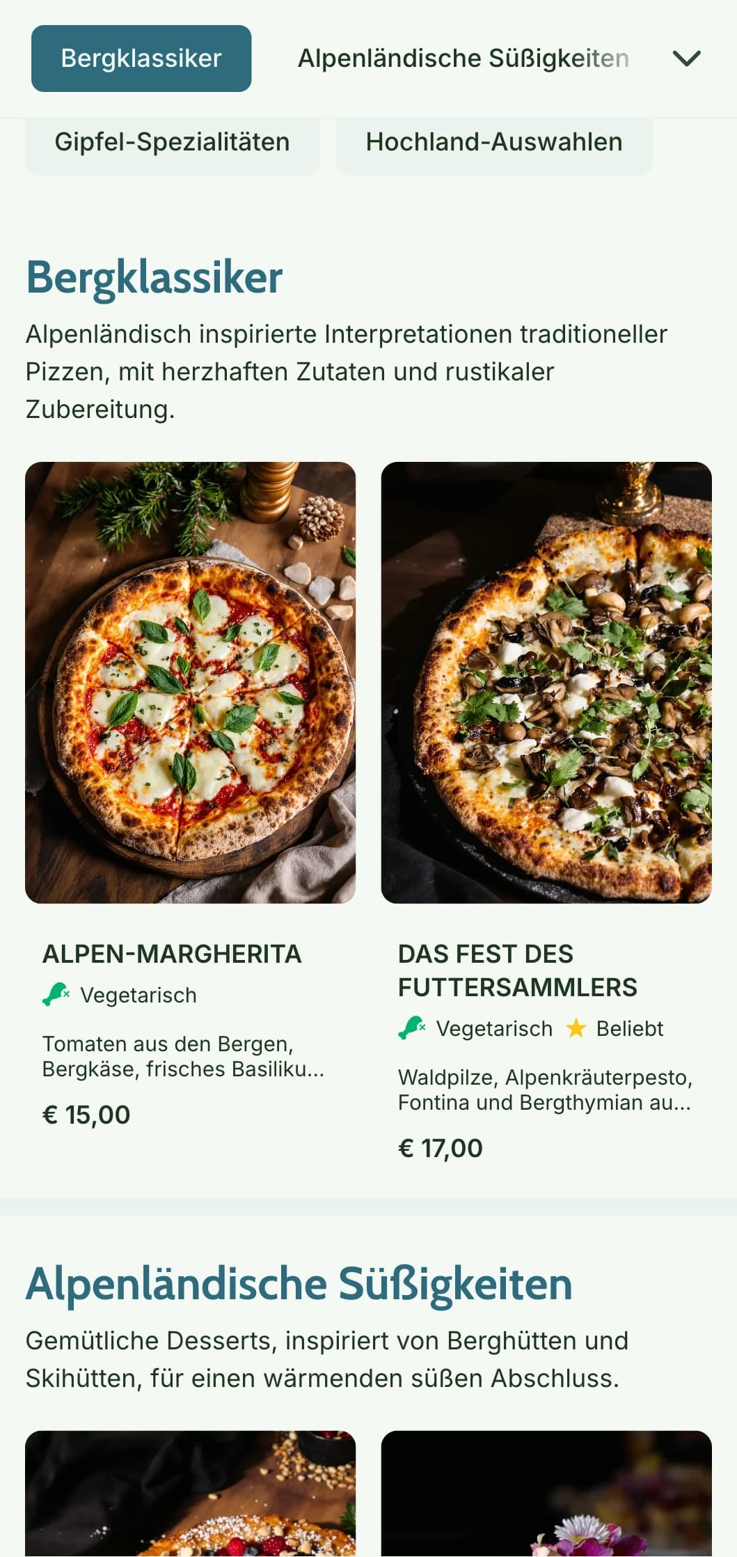 Von den Bergen inspirierte Pizzakarte mit natürlichen Elementen und rustikaler alpiner Ästhetik.