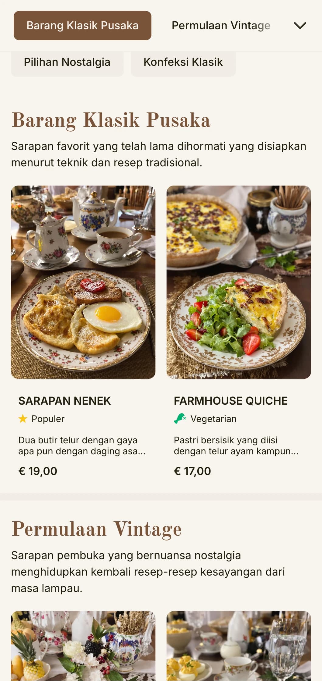 Persembahan pagi nostalgia yang terinspirasi oleh resep-resep favorit dari masa lalu, disajikan dengan keanggunan yang tak lekang oleh waktu.