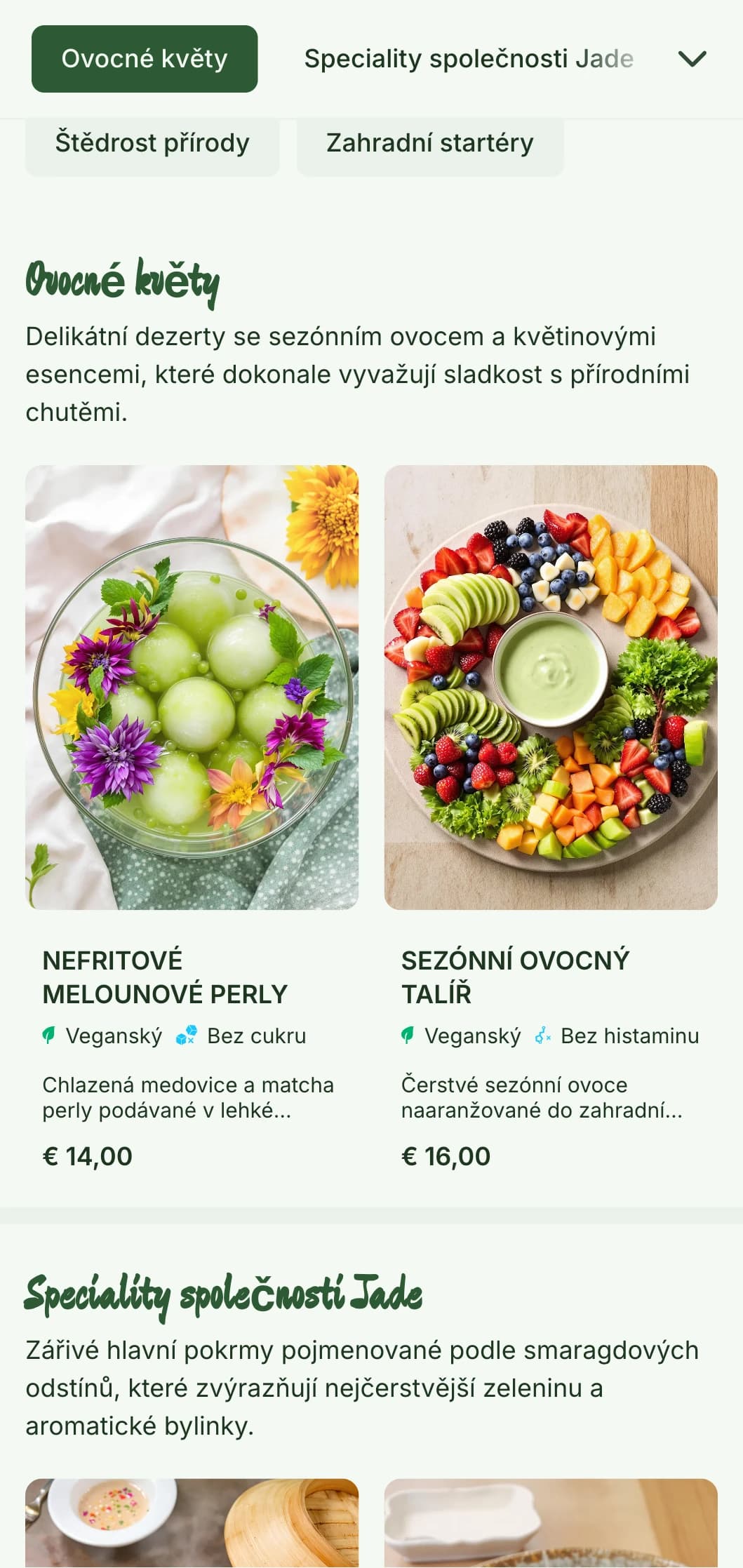 Svěží a živý design čínského menu inspirovaný zahradní estetikou s nefritovými akcenty a botanickými prvky, které jsou ideální pro čínskou kuchyni z farmy.